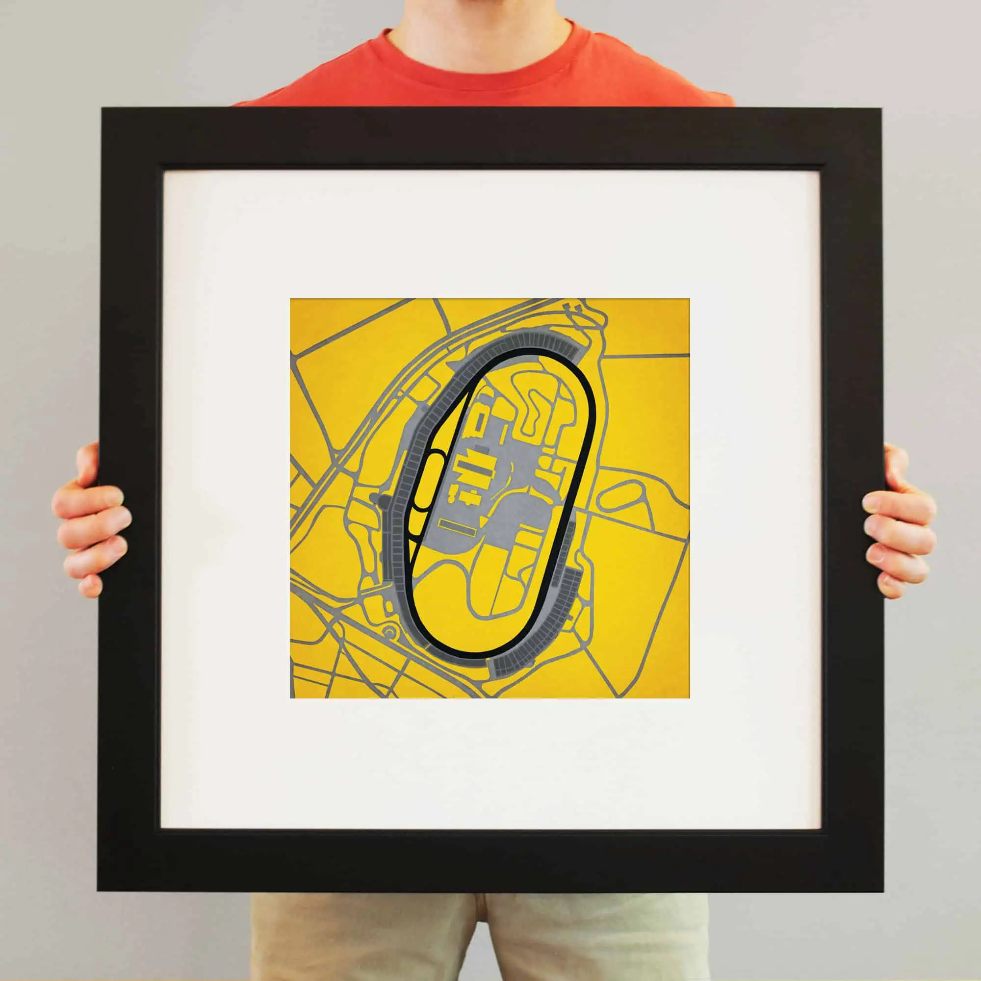 Map of the Indianapolis Motor Speedway with track layout and surrounding area, framed as a decorative wall art piece.