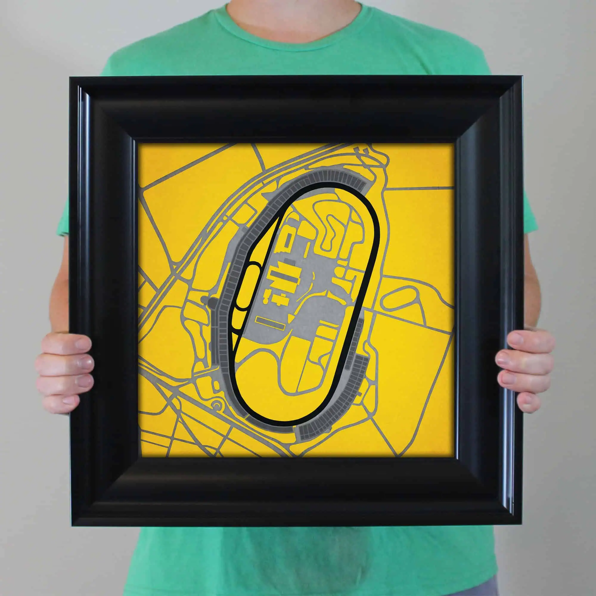 Map of a stadium or racecourse with detailed layout and surrounding roads, designed for sports or event mapping, offered by The Map Shop.