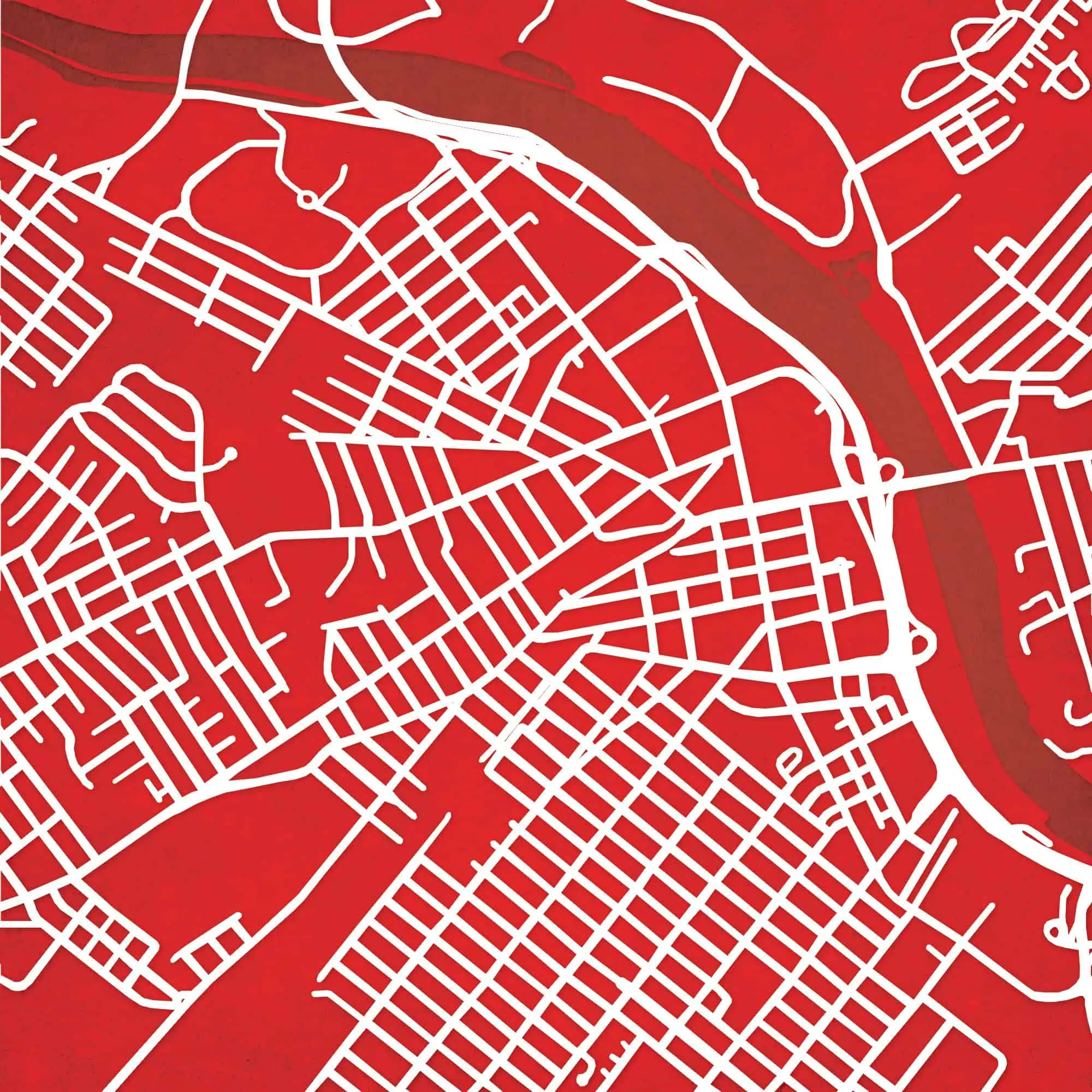 Detailed map of urban city streets and waterways with a red background, highlighting navigation and geographic features, perfect for travel, GPS, and cartography enthusiasts.