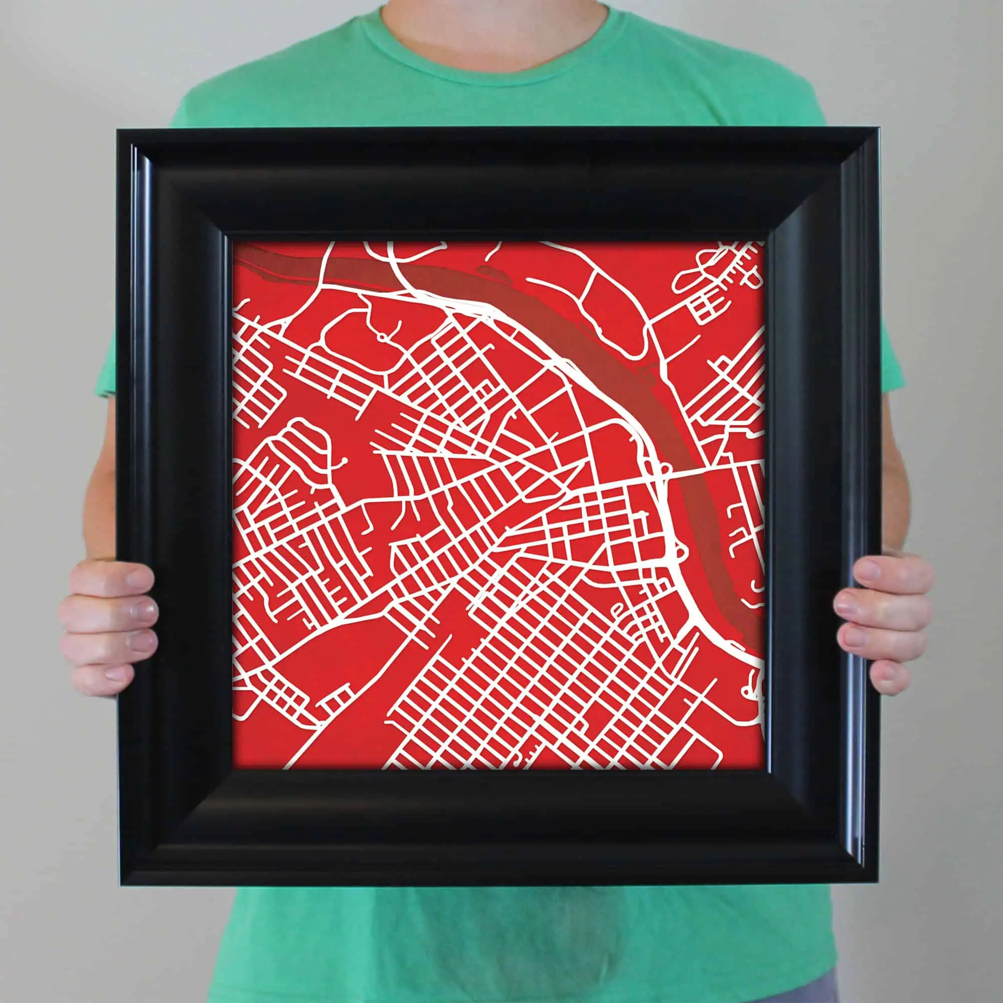 Detailed city map artwork featuring street layouts and river crossings, ideal for navigation, cartography, or decorative purposes. Perfect for map enthusiasts and travel planning.