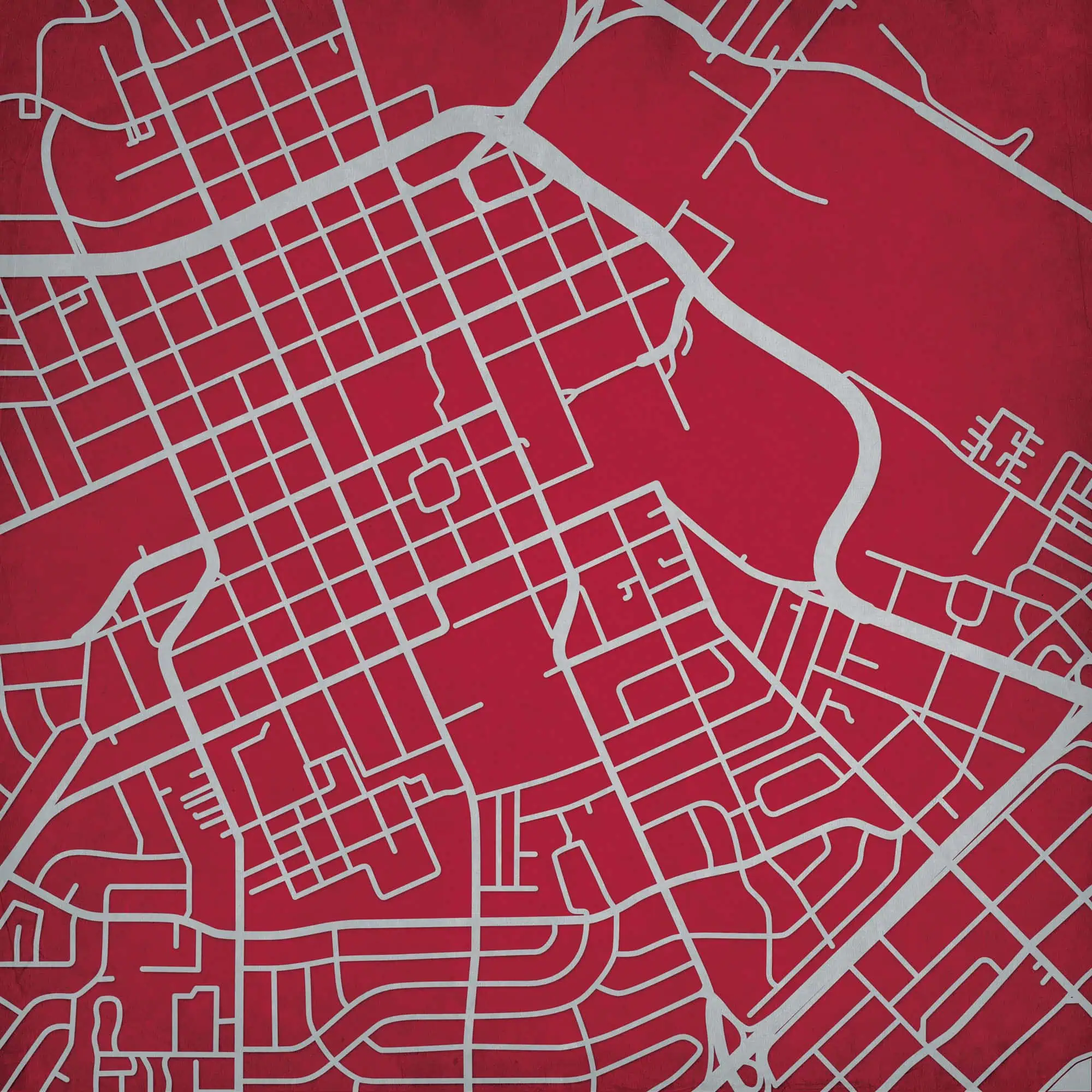Detailed city street map with grid layout in white lines on a red background, ideal for navigation, travel, and geographic planning.