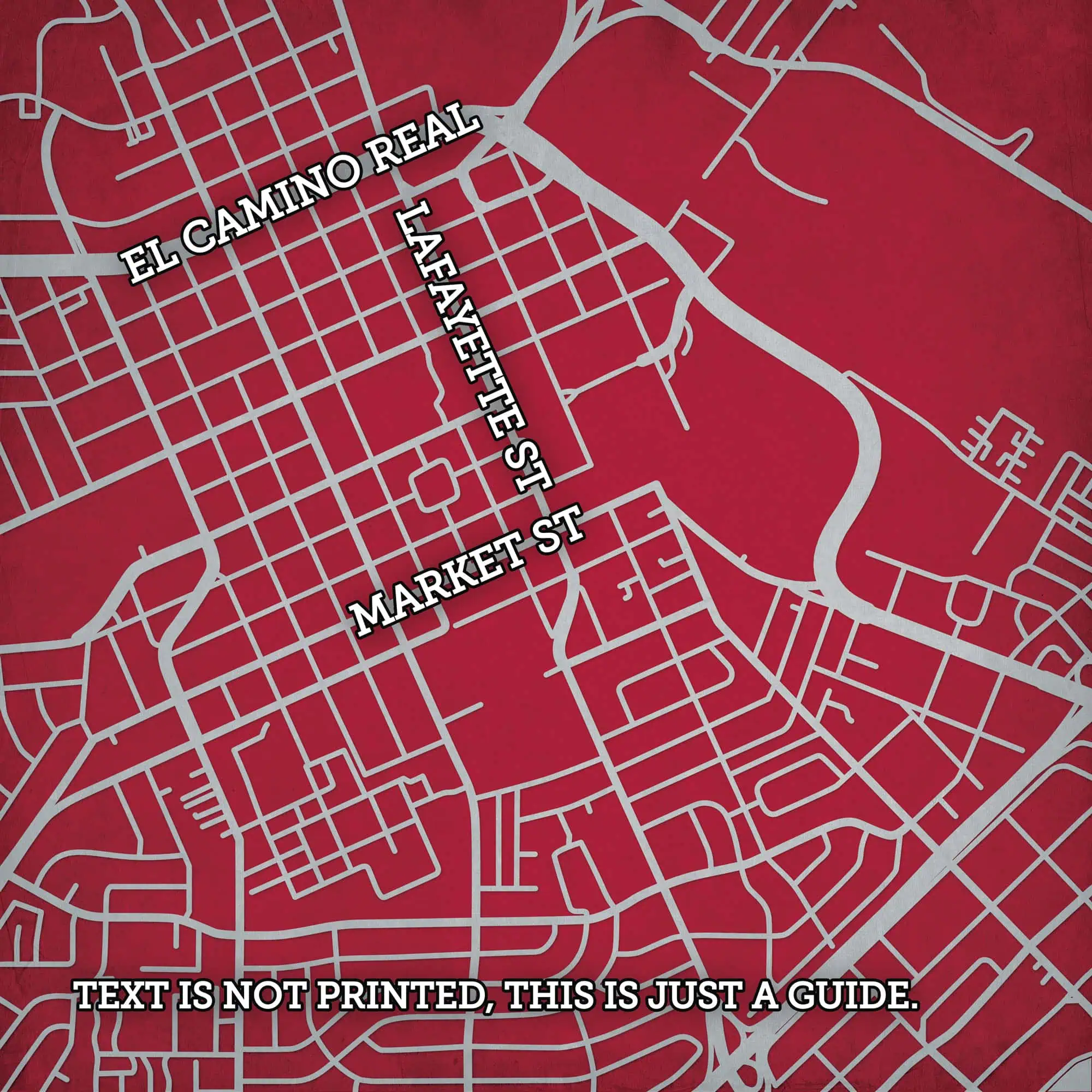 El Camino Real, La Jefette, and Market Street highlighted on a city street map, showcasing the central streets and neighborhoods in an urban area.