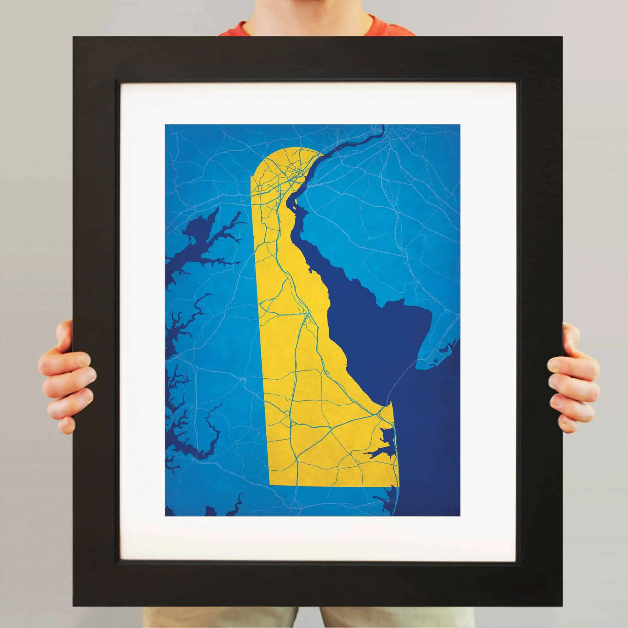 Detailed map of New Jersey featuring highways, waterways, and geographic landmarks, printed in bold blue and yellow colors, perfect for navigation and geographic reference.