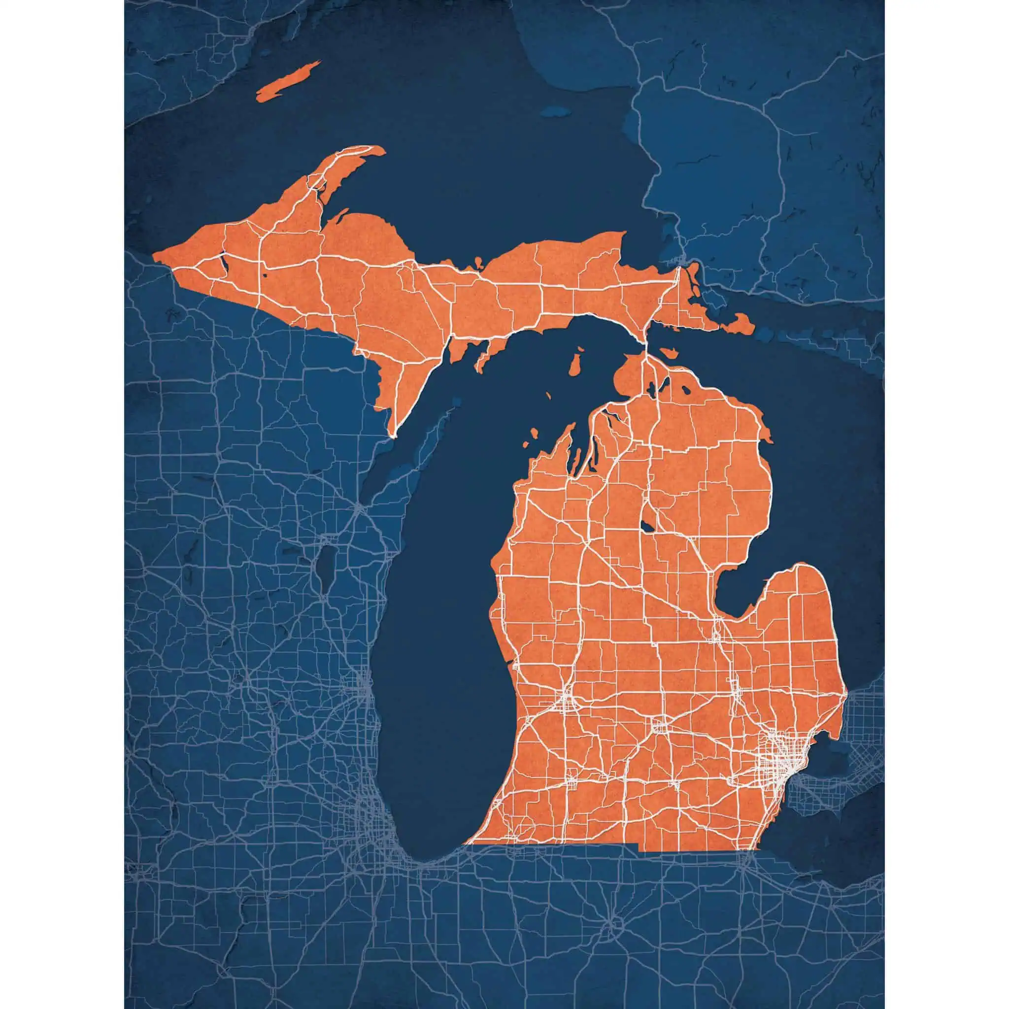Detailed map of Michigan, Ohio, Indiana, Illinois, and surrounding states showing major roads, highways, and geographic boundaries, ideal for navigation and geographic reference.