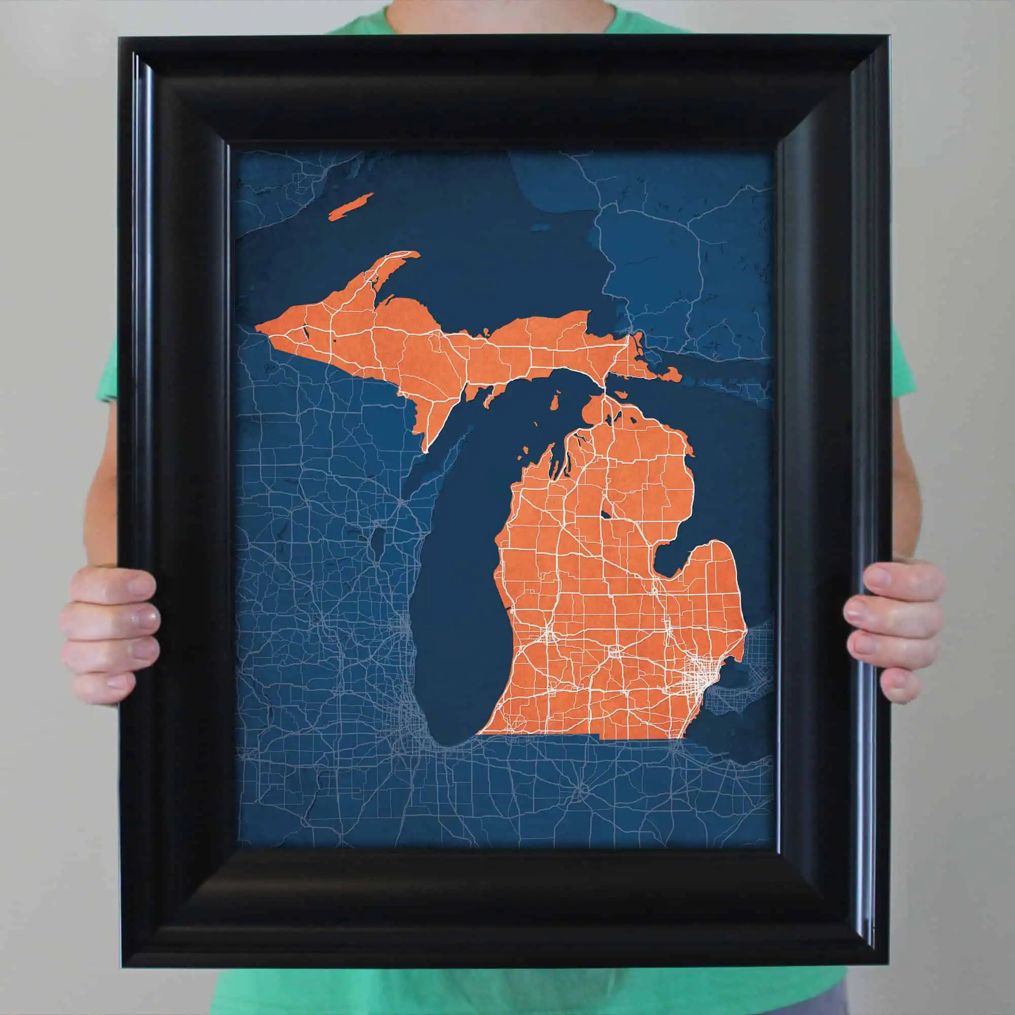 Detailed Michigan map with city and highway details, framed for wall display, highlighting Michigan's geographical regions and transportation routes. perfect for travel planning and geographic education.
