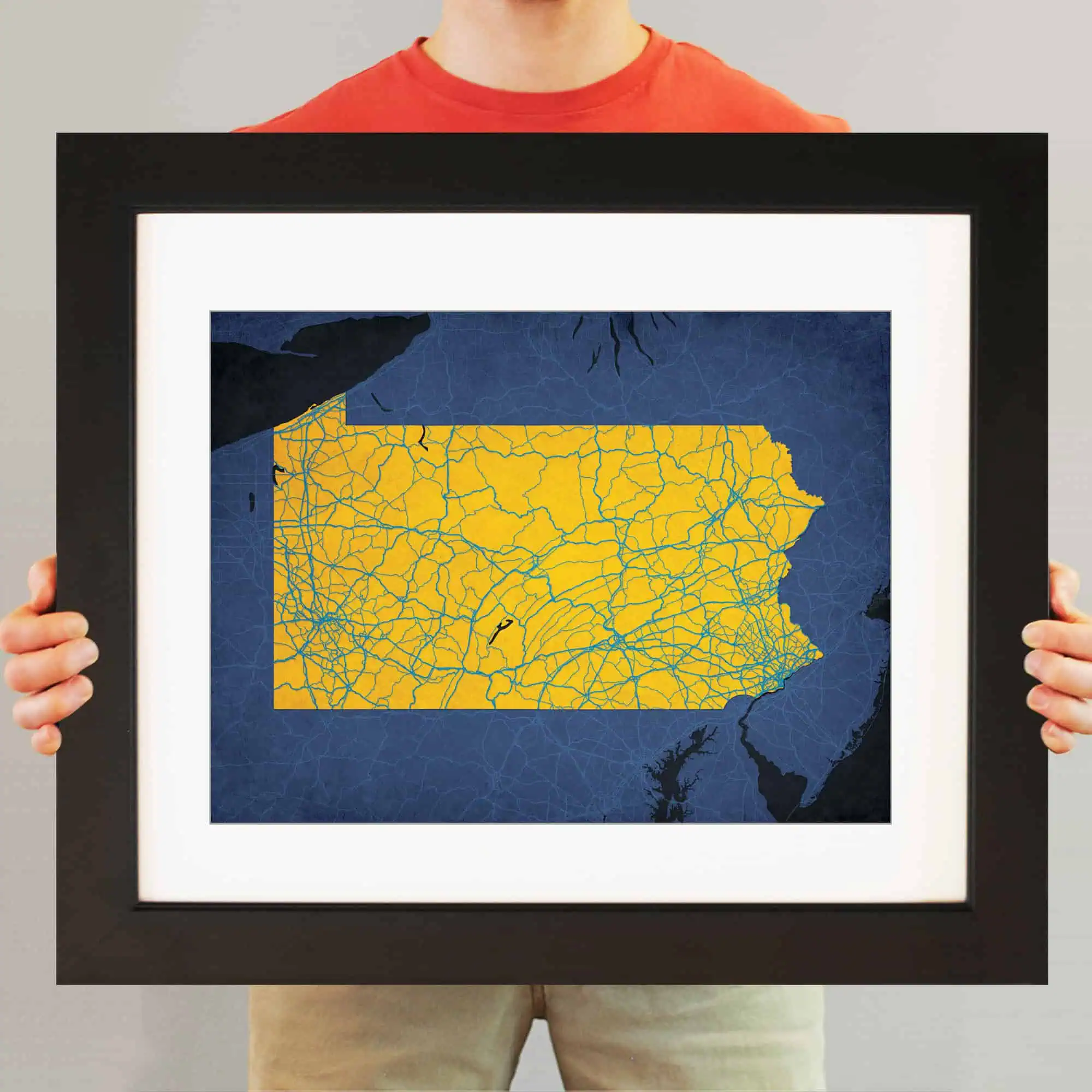Detailed map of Pennsylvania with highways and roads, framed wall art.
