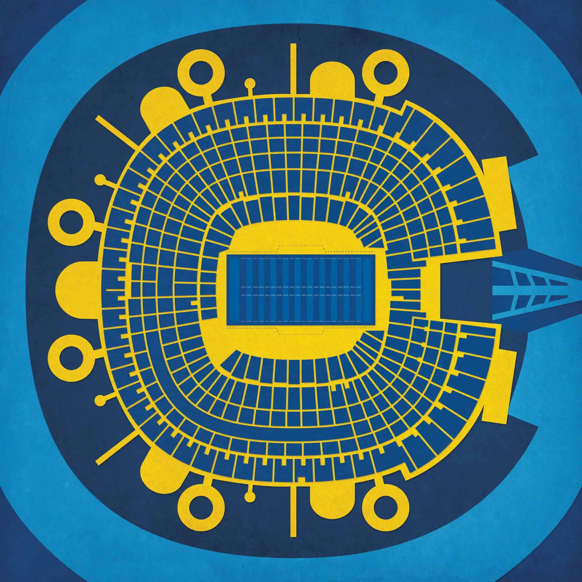 Blue and yellow abstract stadium seating layout map design.