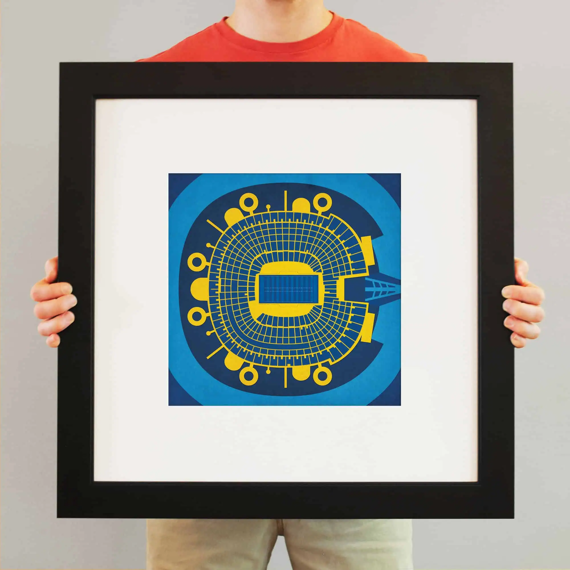 Colorful stadium blueprint illustration in vibrant blue and yellow, displaying detailed seating charts and architectural design, perfect for sports venues, event planning, and stadium layout visuals.