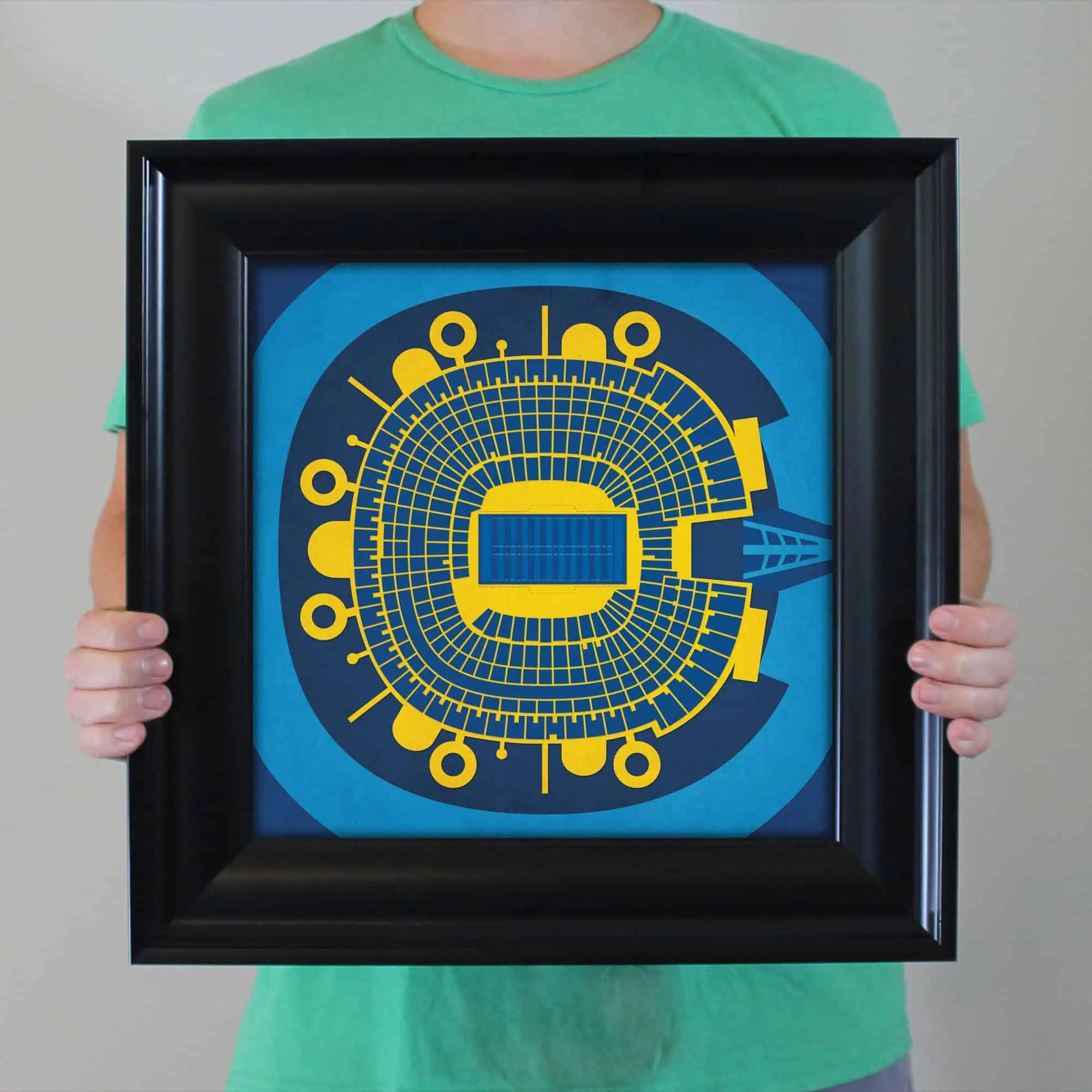 Colorful stadium blueprint artwork featuring a sports arena with intricate design elements and vibrant blue and yellow color scheme. Perfect for sports, stadiums, and architectural map enthusiasts.