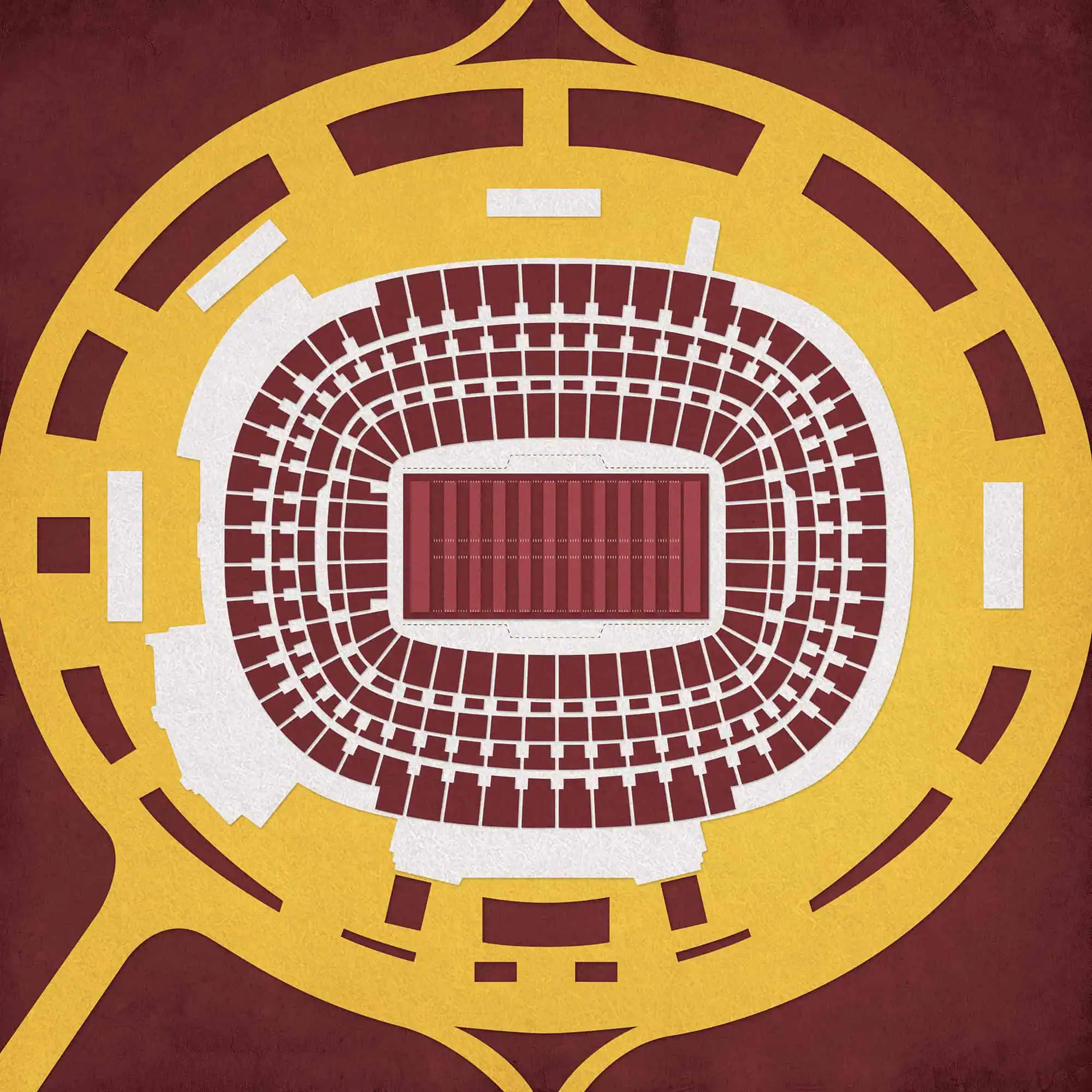 Aerial view of a stadium seating layout with surrounding roads, detailed illustration of sports venue, perfect for sports event, ticketing, and travel planning.