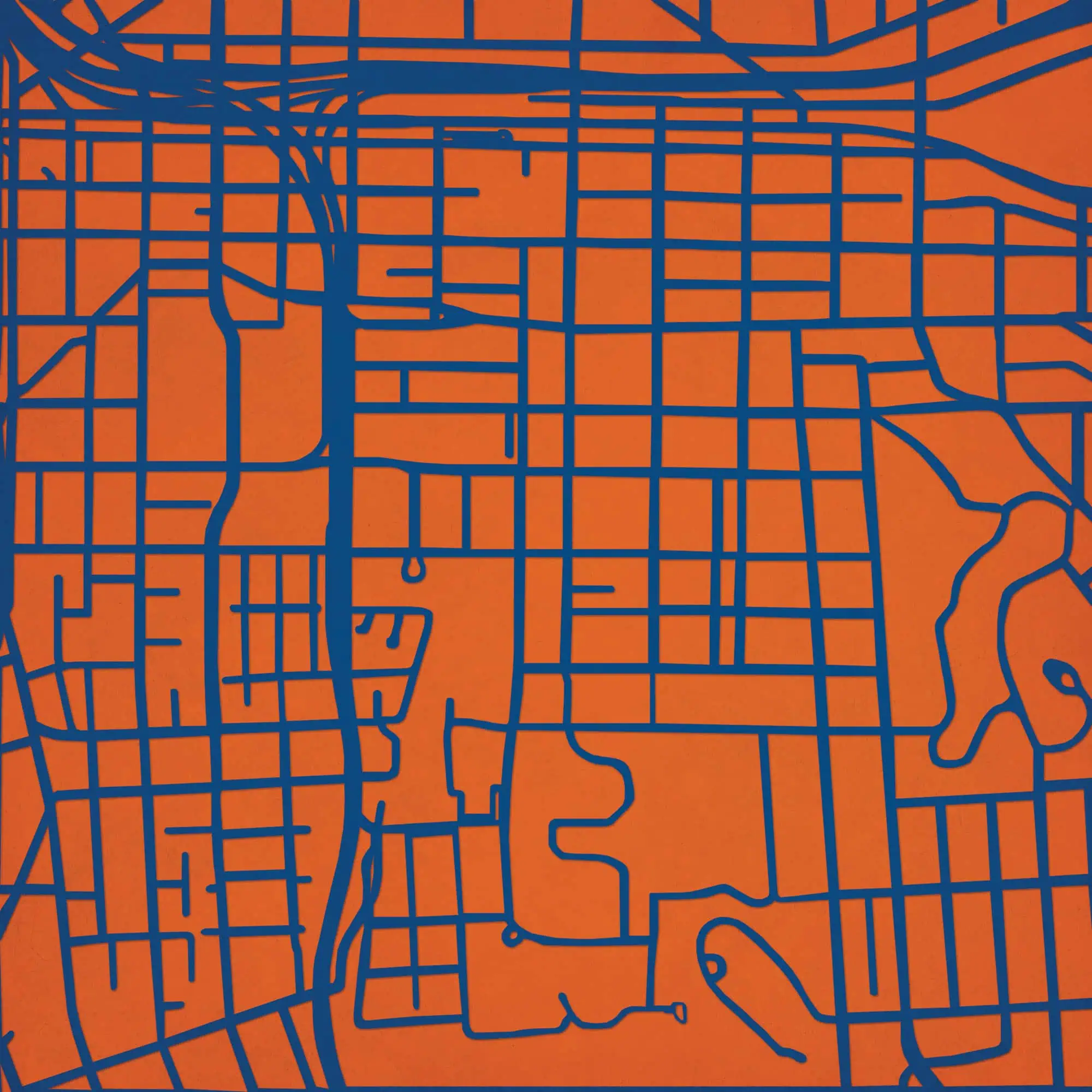 Map illustration showing detailed city street layouts with prominent waterways, vibrant orange background with blue roads, designed for urban navigation, travel, and map enthusiasts.