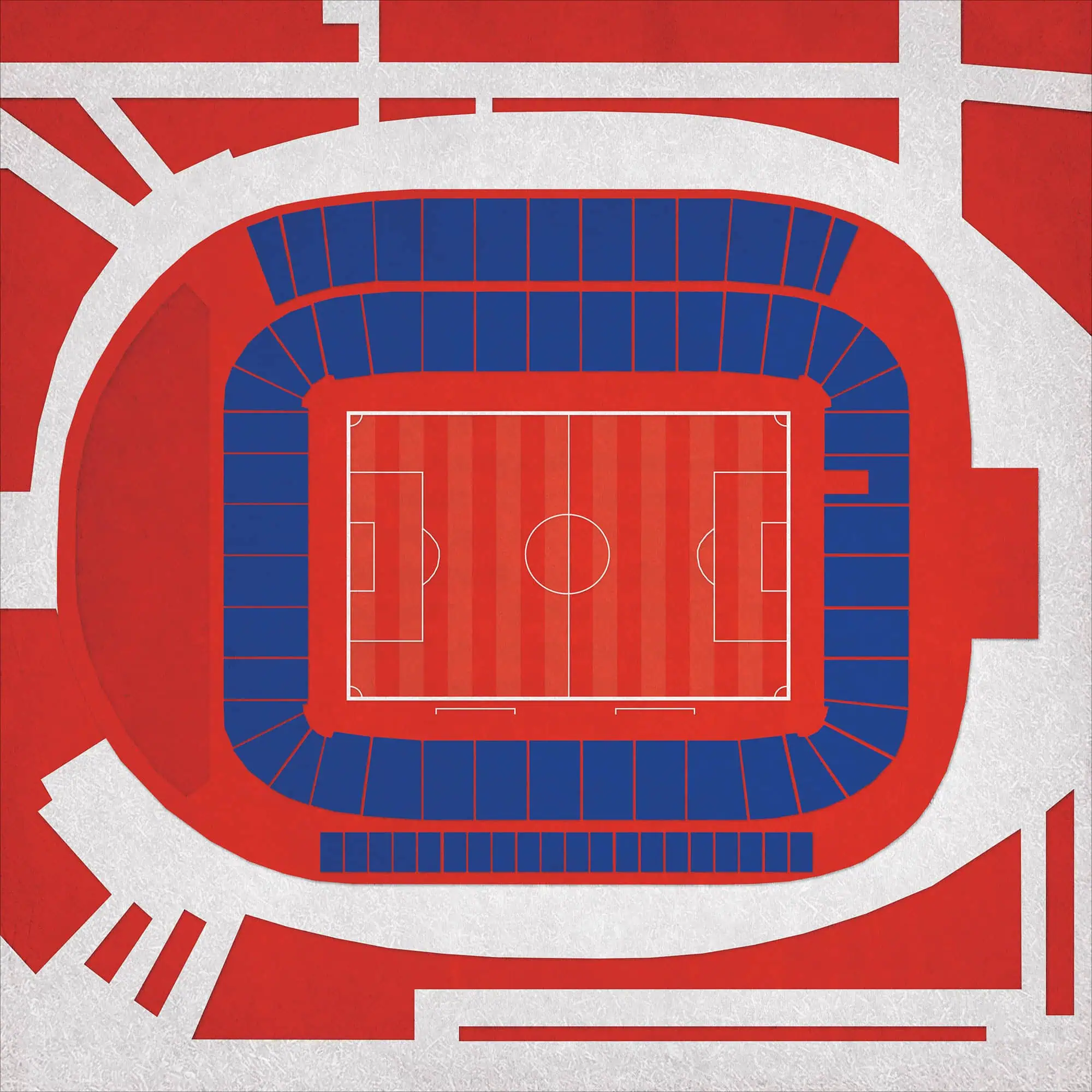 Aerial view of a sports arena with a soccer field at the center, surrounded by blue and red seating sections, ideal for sports maps and stadium seating charts.