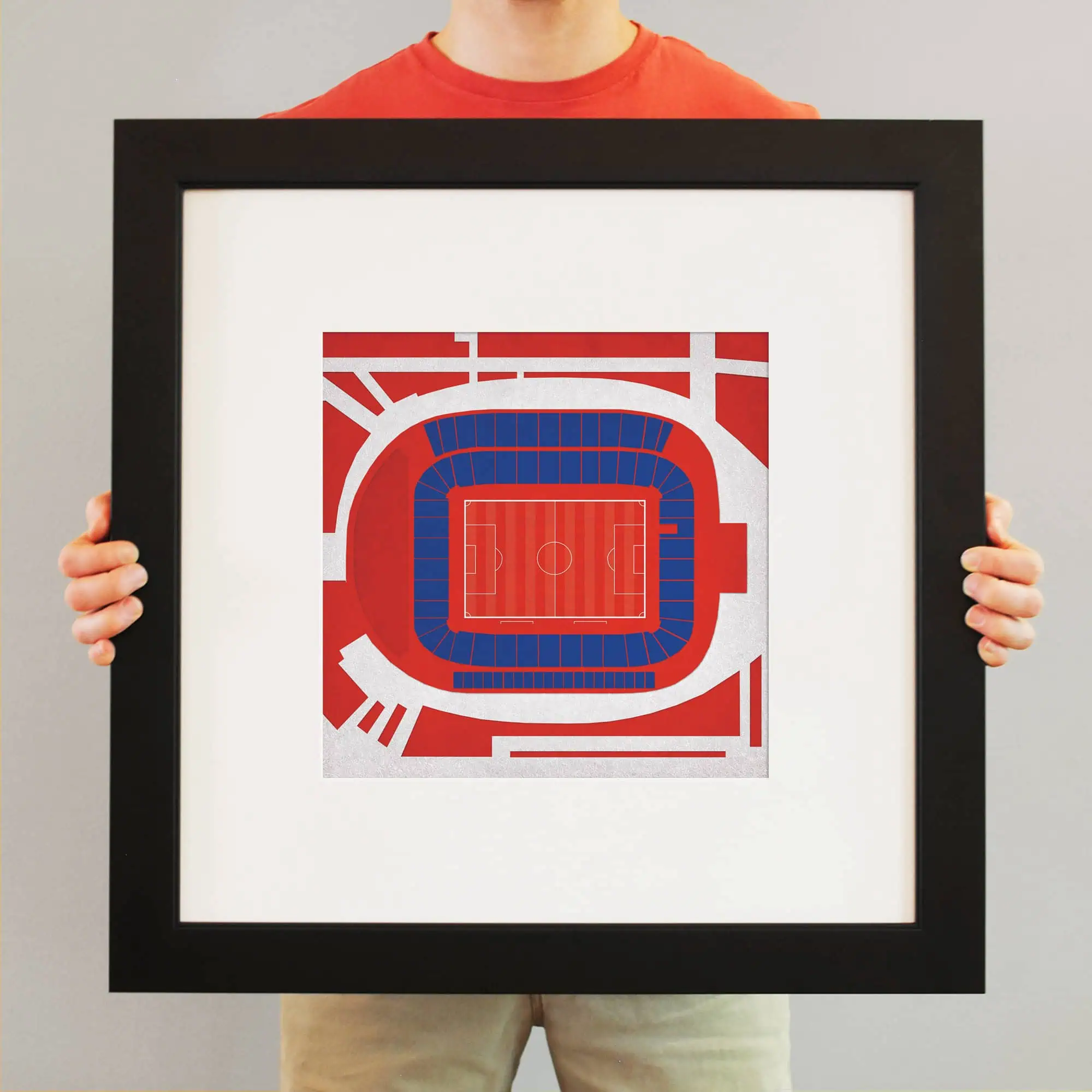 Modern soccer stadium aerial illustration, featuring seating arrangements and field layout, available at The Map Shop for sports fans and stadium planners.