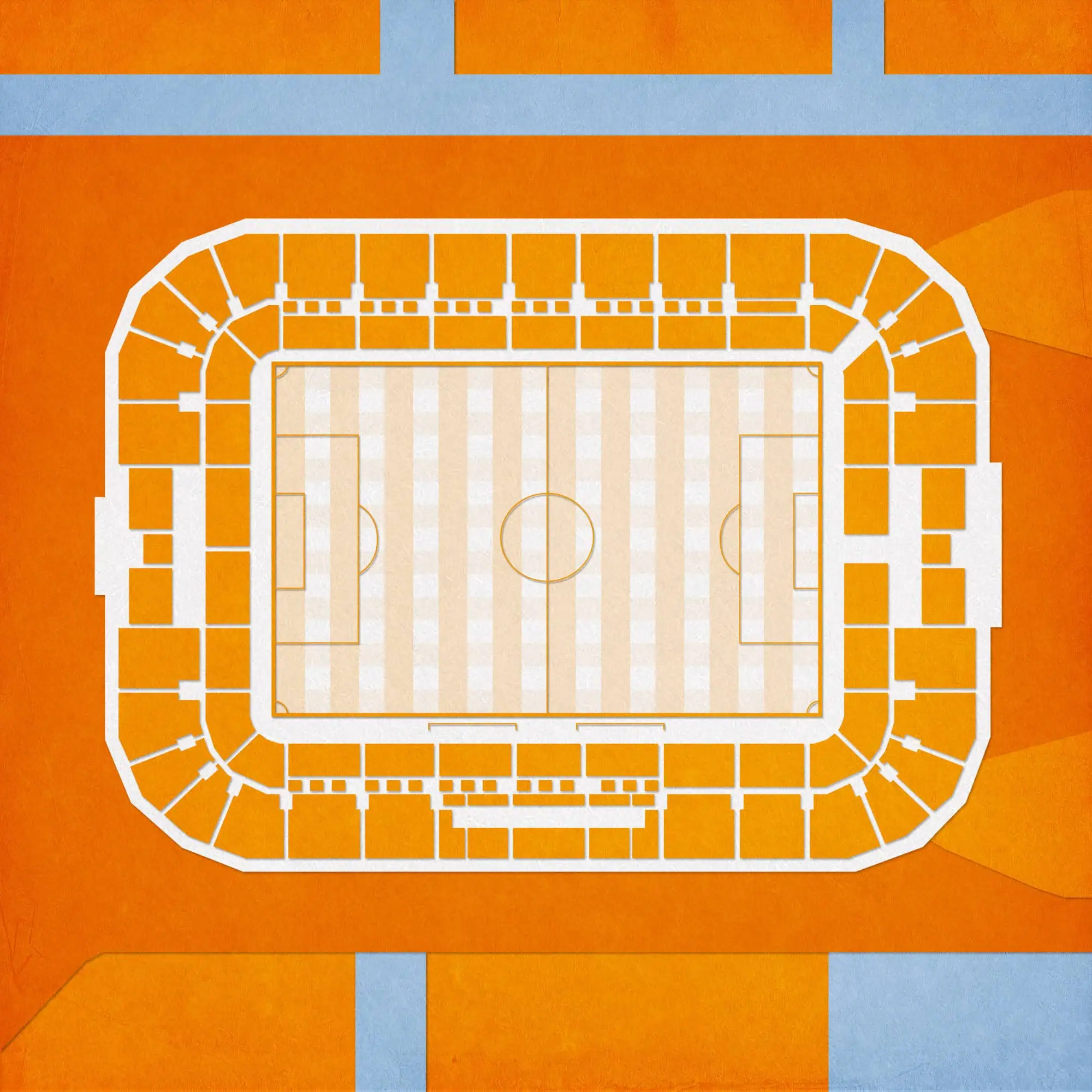 Aerial view of a sports stadium seating chart, showing the layout of stands, doors, and the field, perfect for event planning, seating arrangement, or sports venue mapping.