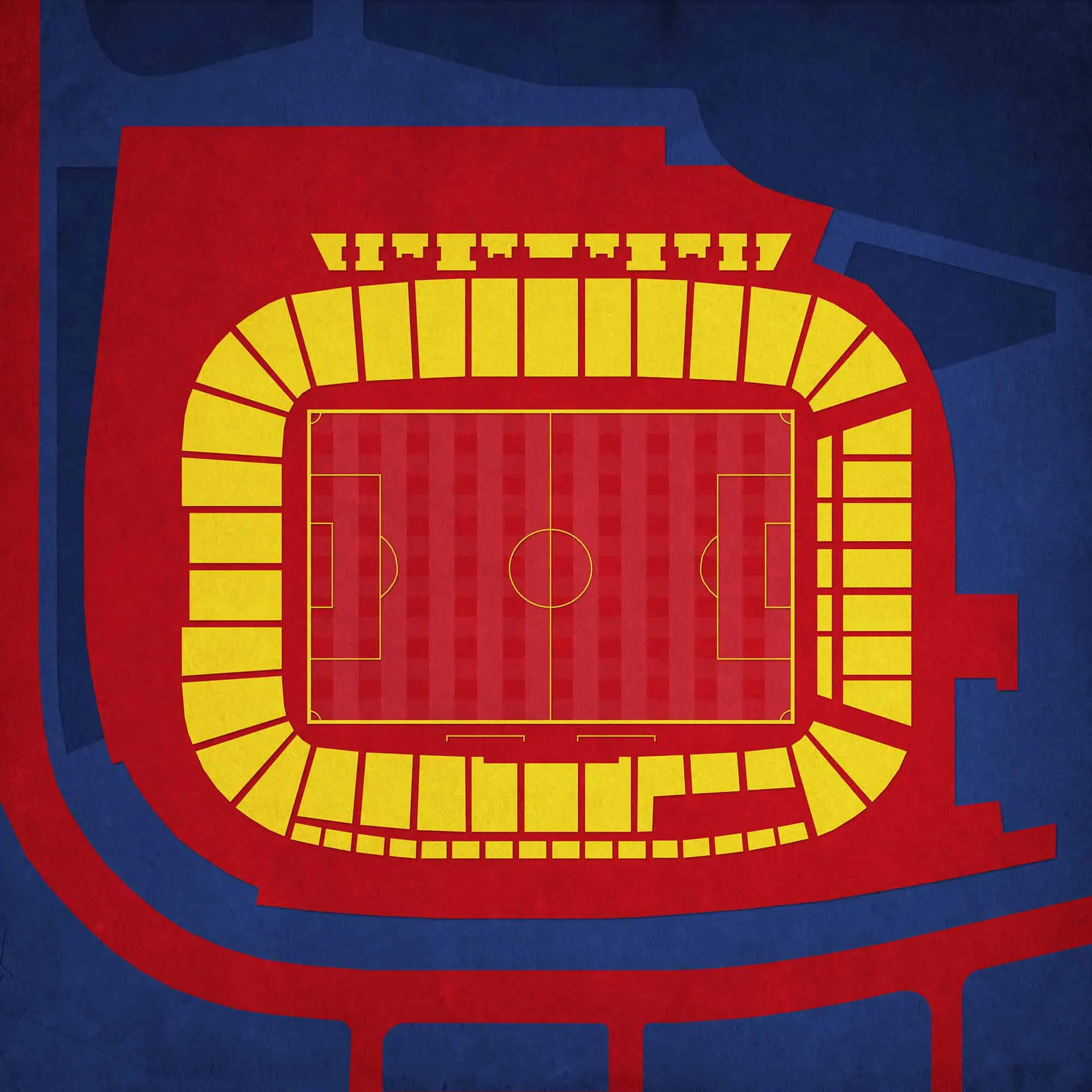 Stadium seating chart with yellow seats and a red playing field, aerial view, sports arena layout, soccer field, event venue diagram, sports venue map, The Map Shop SEO image.