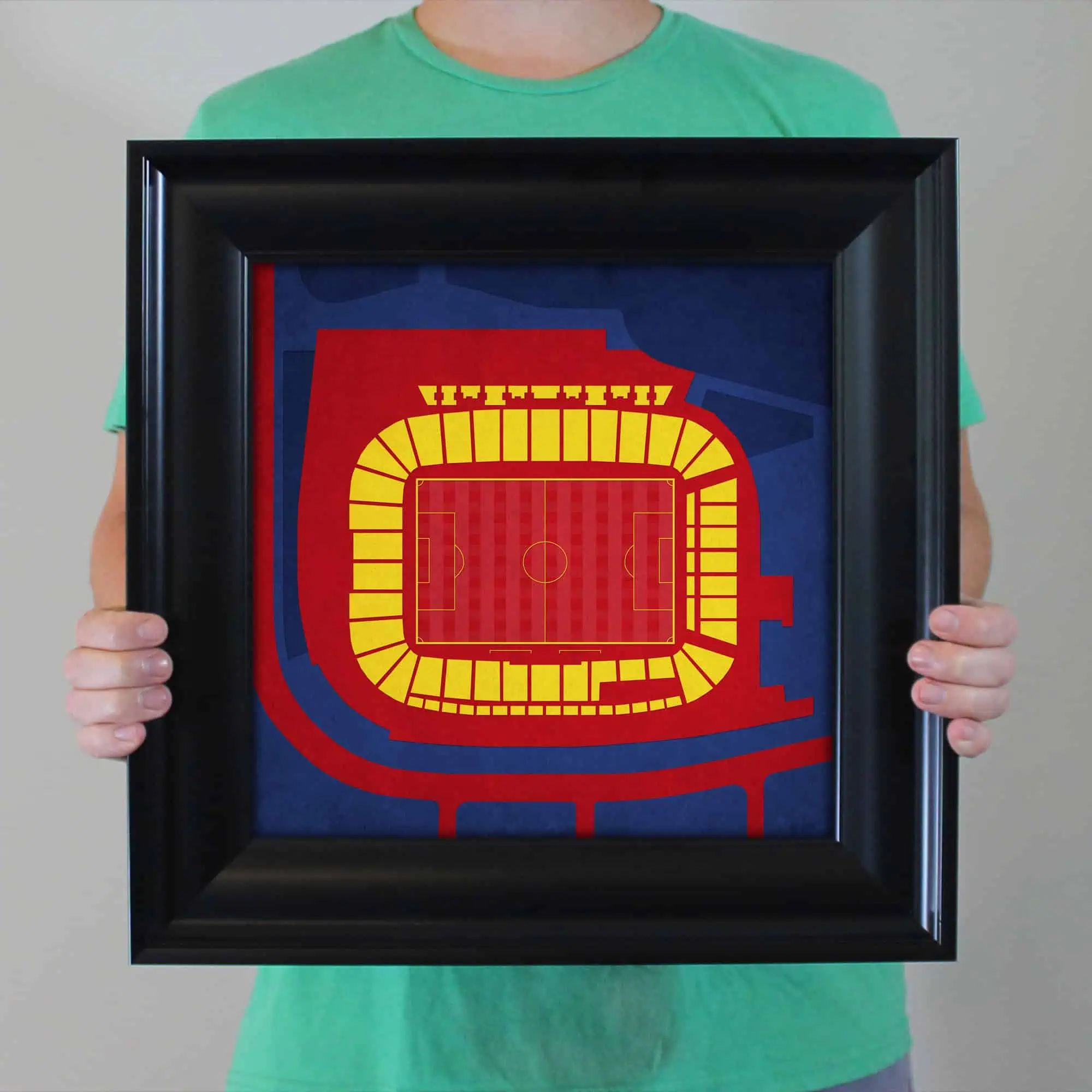 Colorful digital map of a stadium seating chart with vibrant red, yellow, and blue sections, ideal for sports venue navigation, ticketing, or event planning.