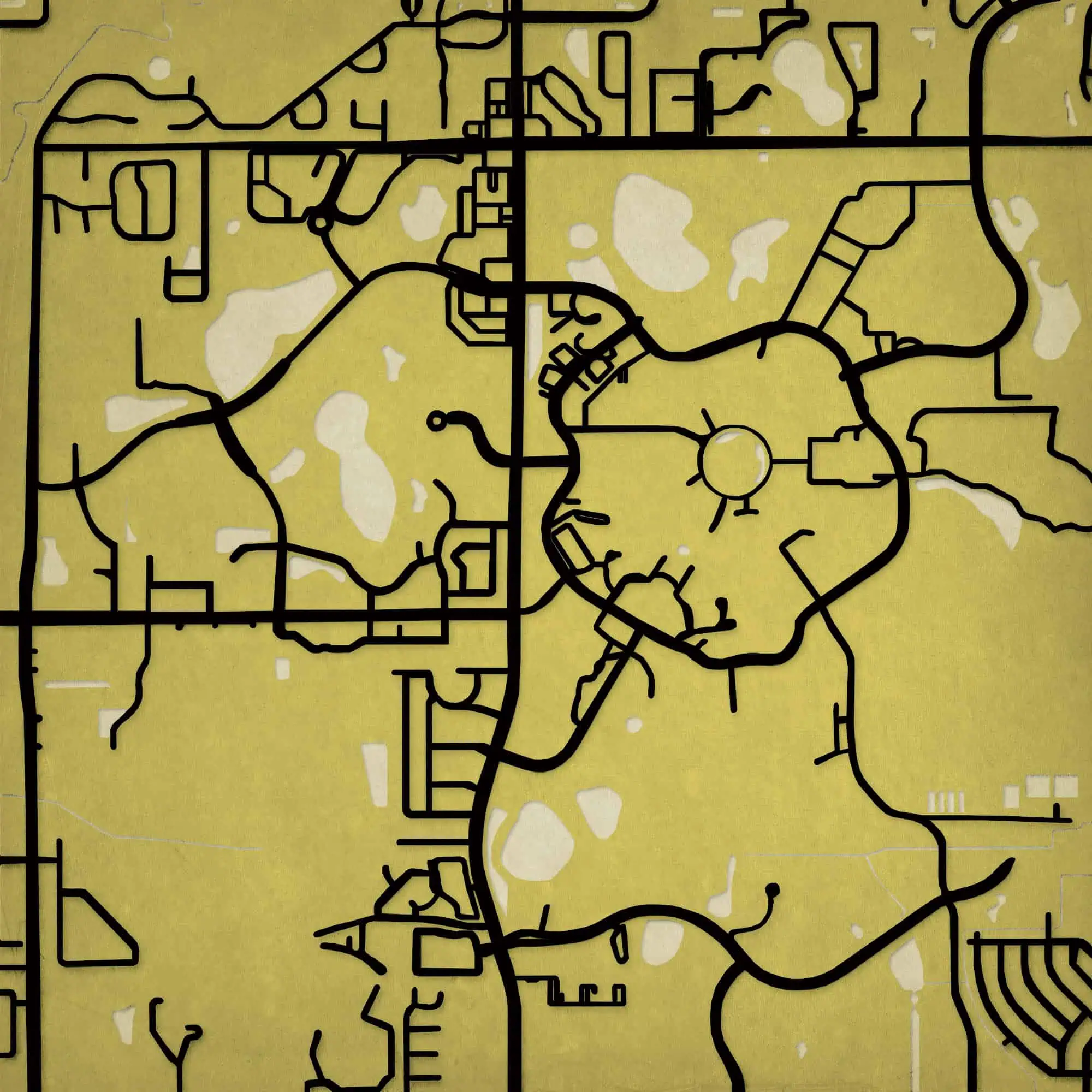 Map shop street map of urban area with roads and parks, black lines on yellow background, for navigation, travel planning, and geographic exploration.