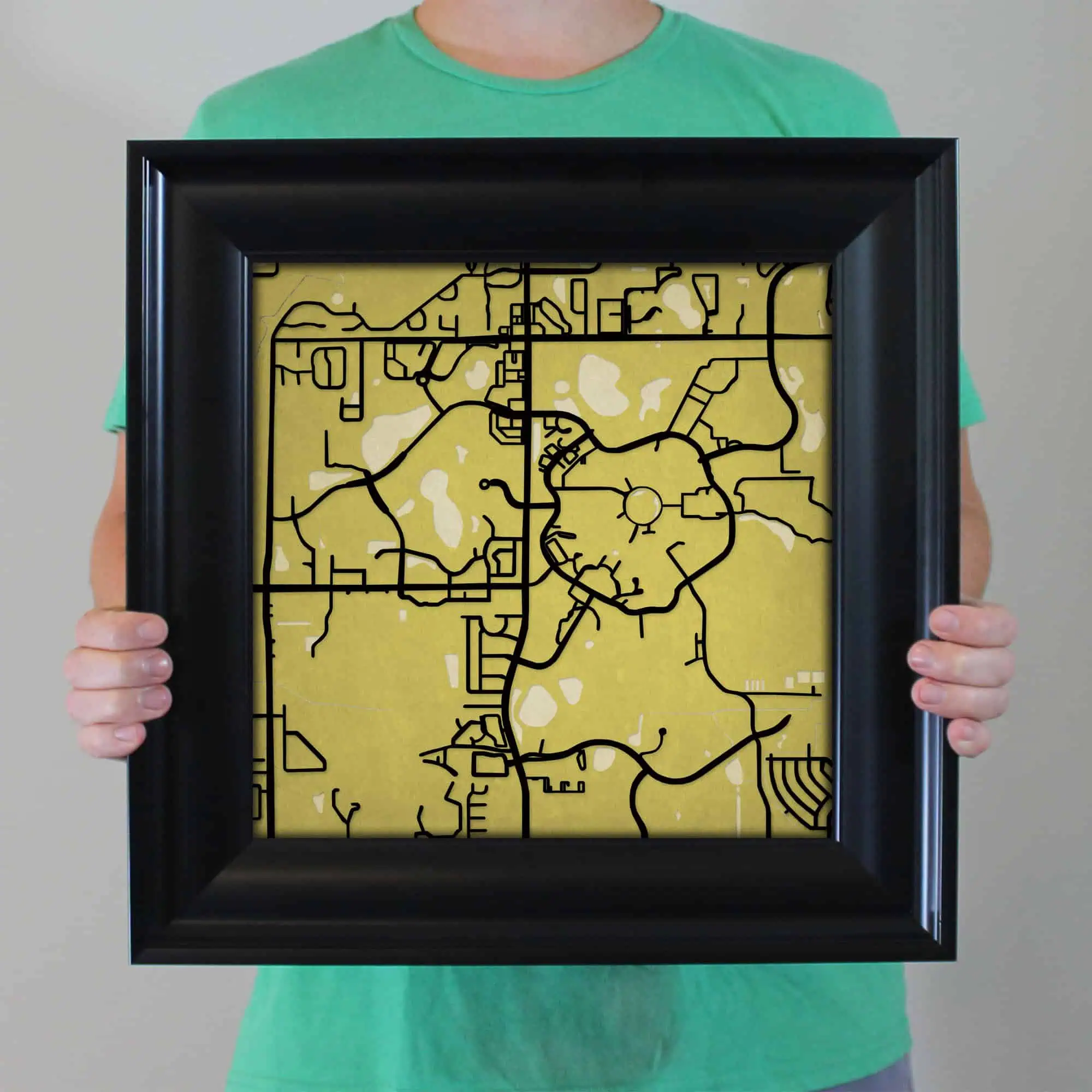 Vector map artwork featuring city streets and parks framed in black, ideal for interior decor, wall art, or travel-themed home accents.