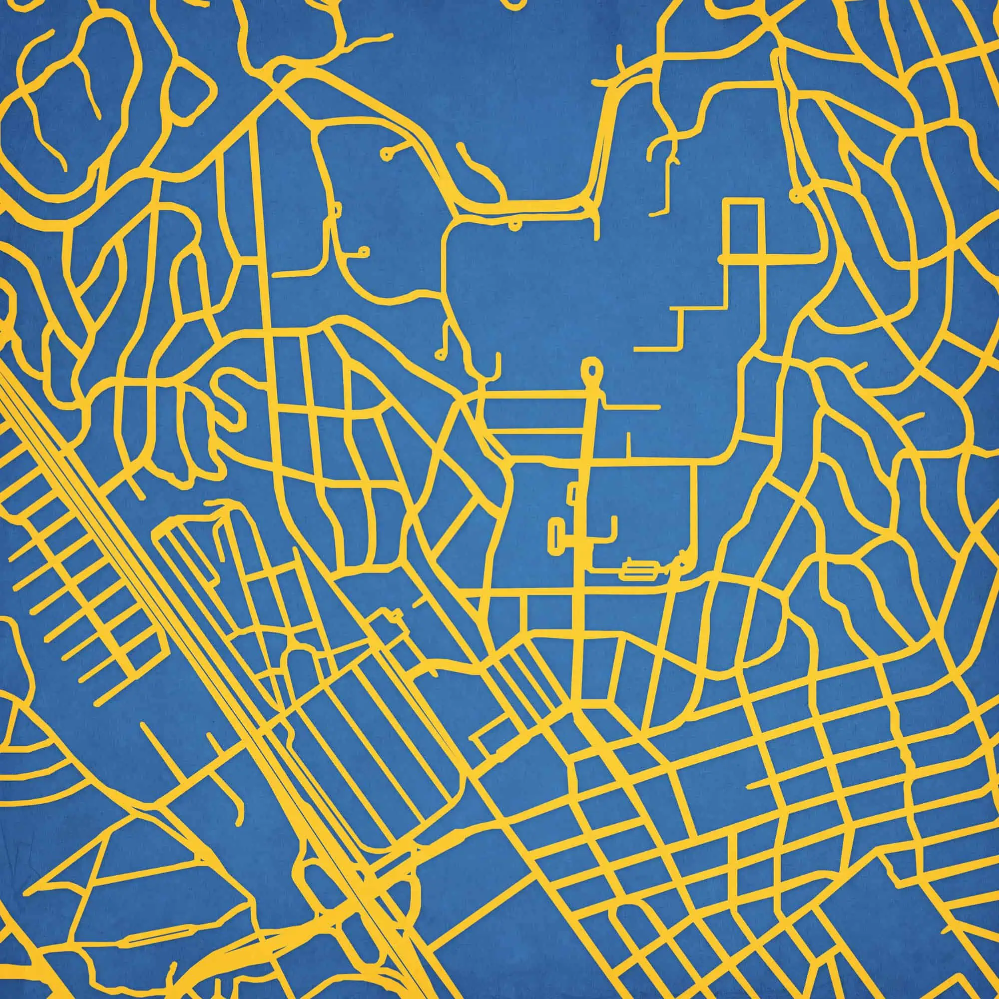 Detailed city street map with yellow lines on a blue background, ideal for navigation, travel, and geographic reference.