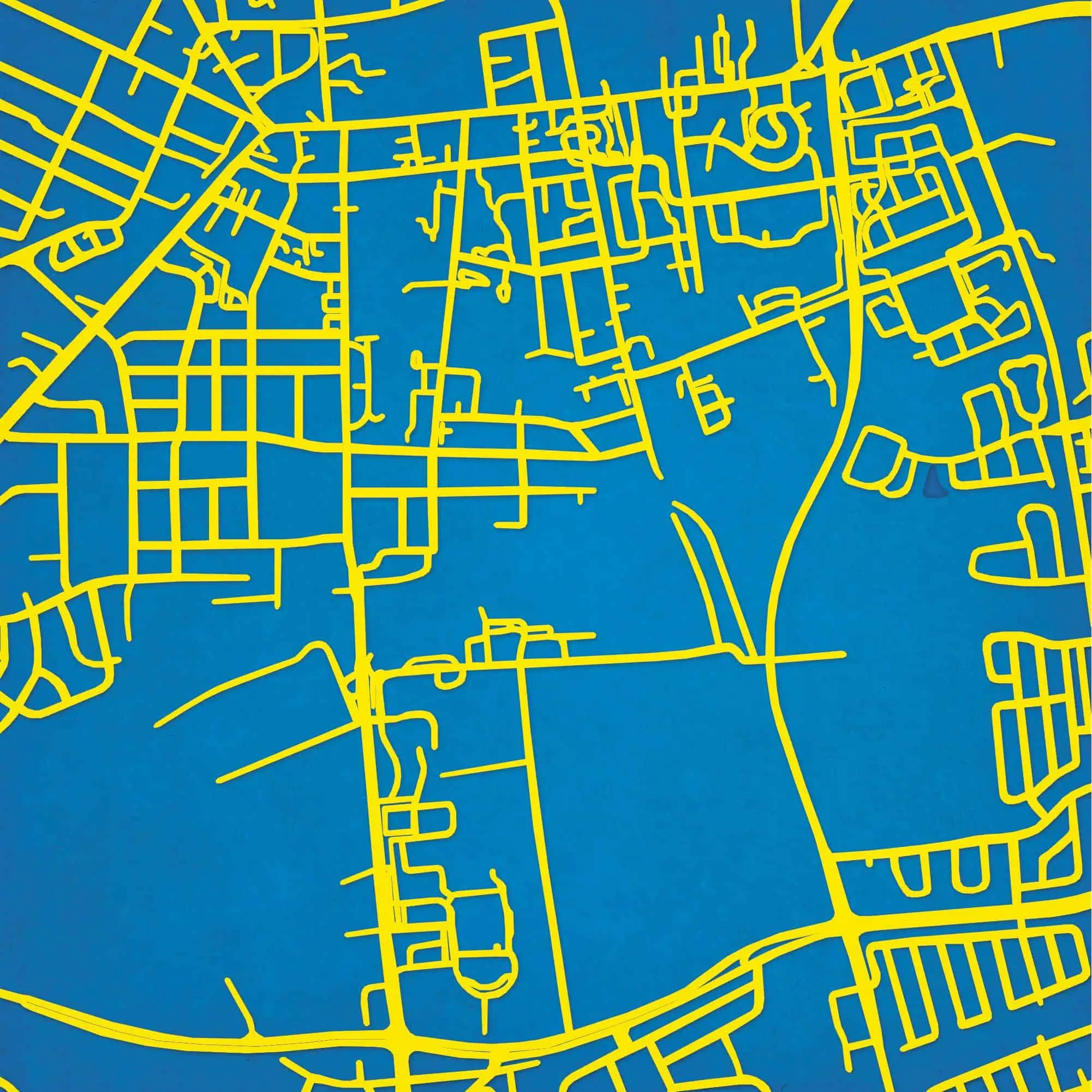 Map of urban streets with yellow lines on blue background, showcasing city navigation and mapping services from The Map Shop.