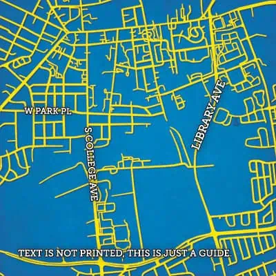 Detailed street map highlighting neighborhoods and roads in a vibrant yellow and blue color scheme.