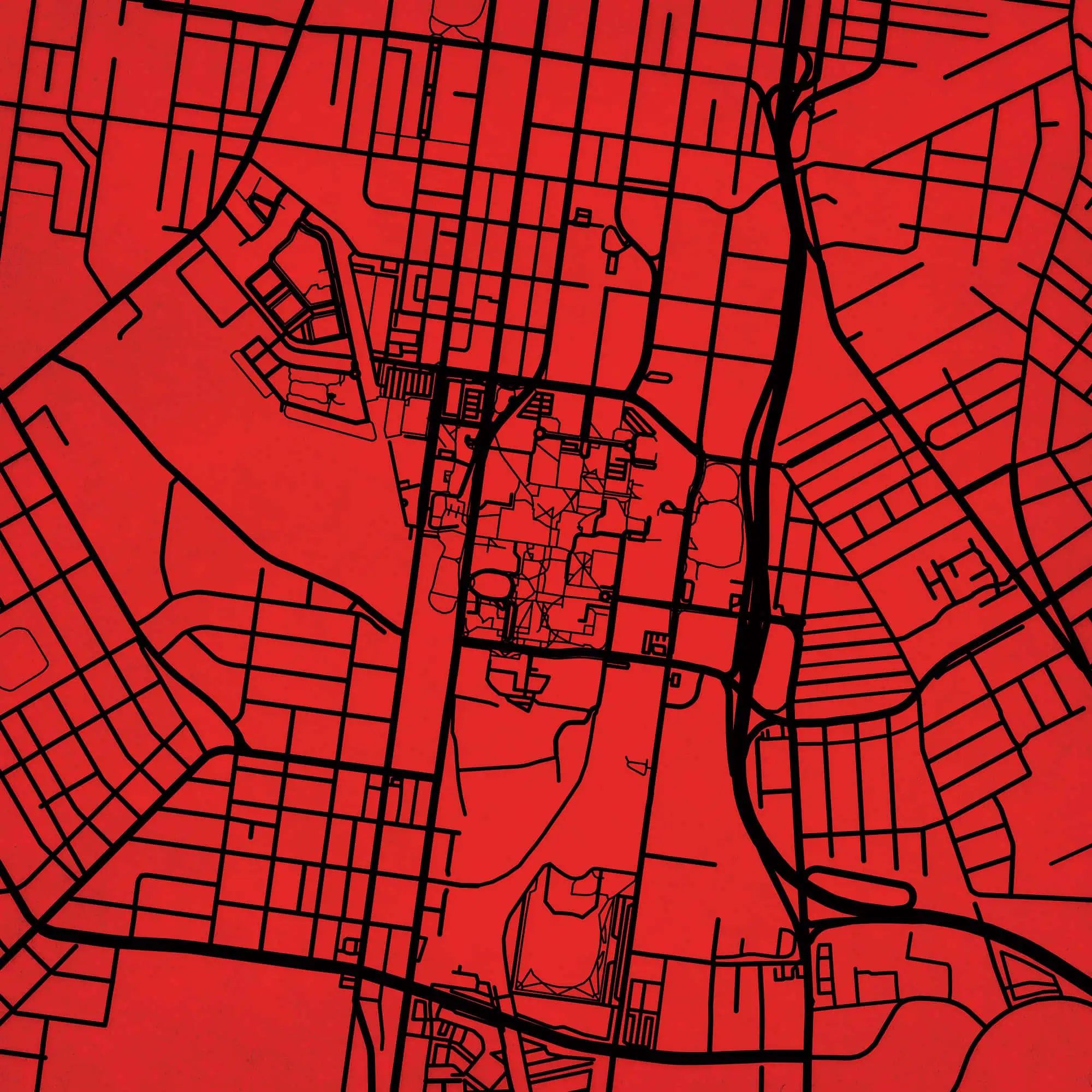 Maps of city streets with red background and black outlines, urban street map, detailed city layout, navigation map, The Map Shop maps.
