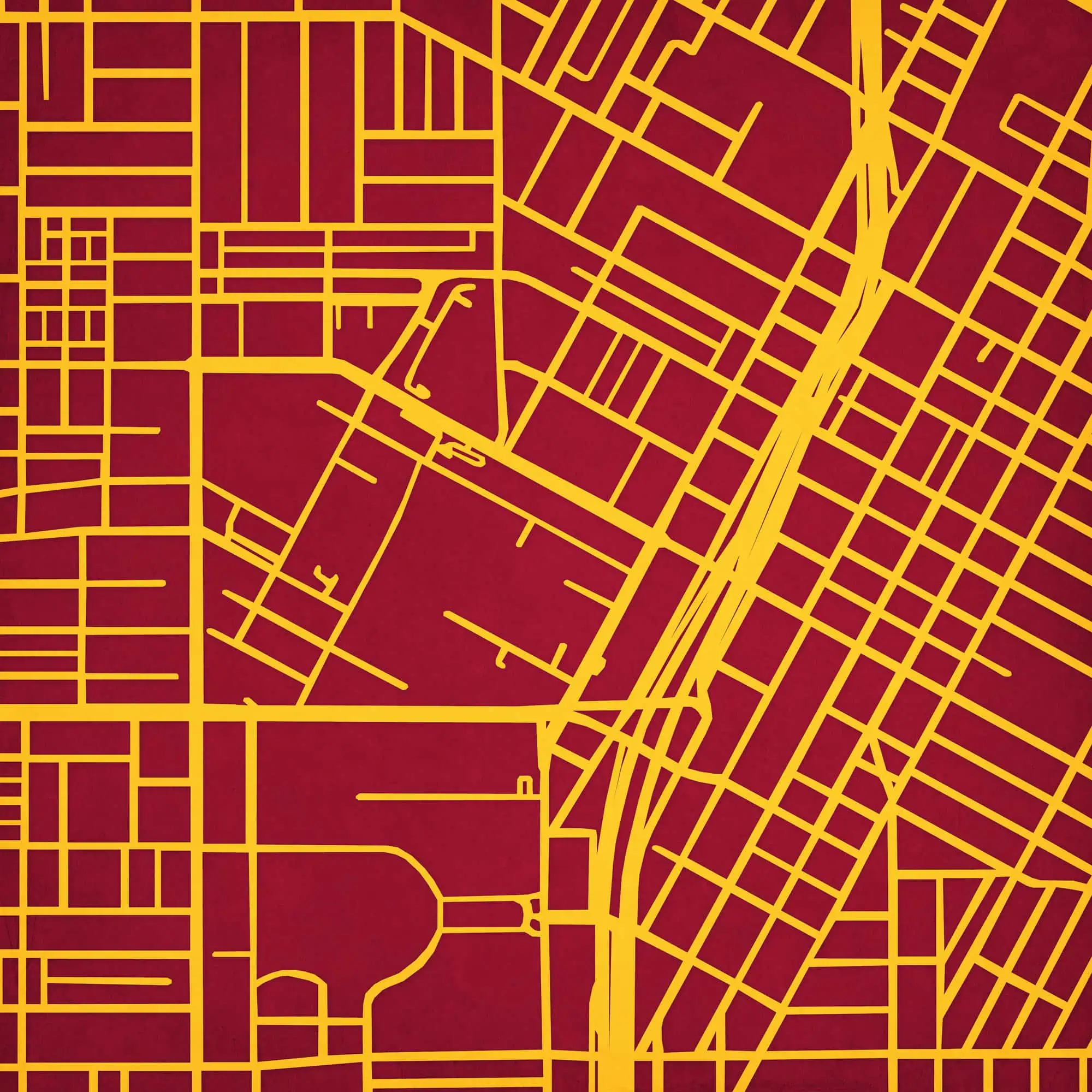 Detailed city map with a red background and yellow street lines highlighting urban planning and navigation features. Perfect for cartography, mapping tools, and city exploration.