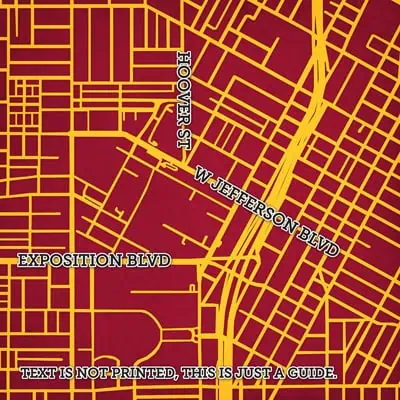 Map layout with streets labeled Jefferson St, W Jefferson Blvd, and Exposition Blvd, yellow lines on a red background, representing a detailed city map for navigation and geographic reference.