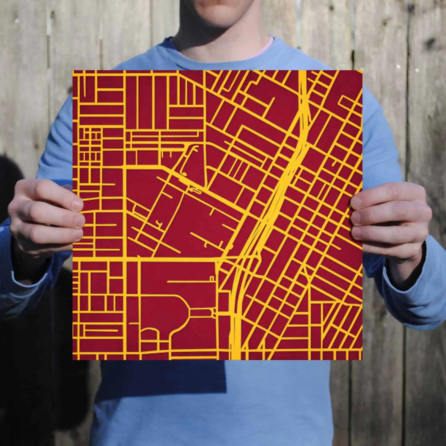 Colorful city map poster highlighting urban streets and road networks for navigation and travel planning.