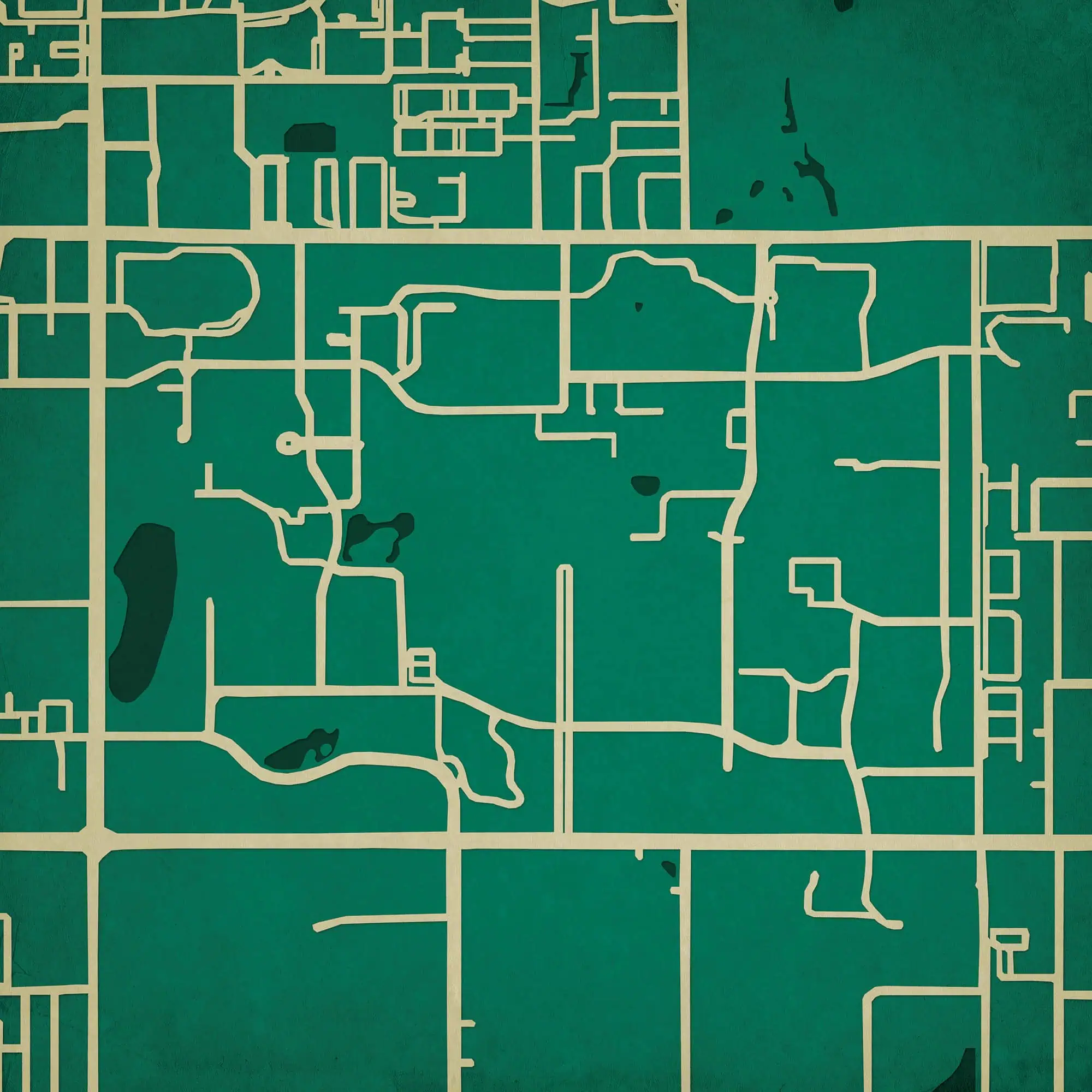 Detailed city map with streets, parks, and lakes for outdoor navigation and trip planning.