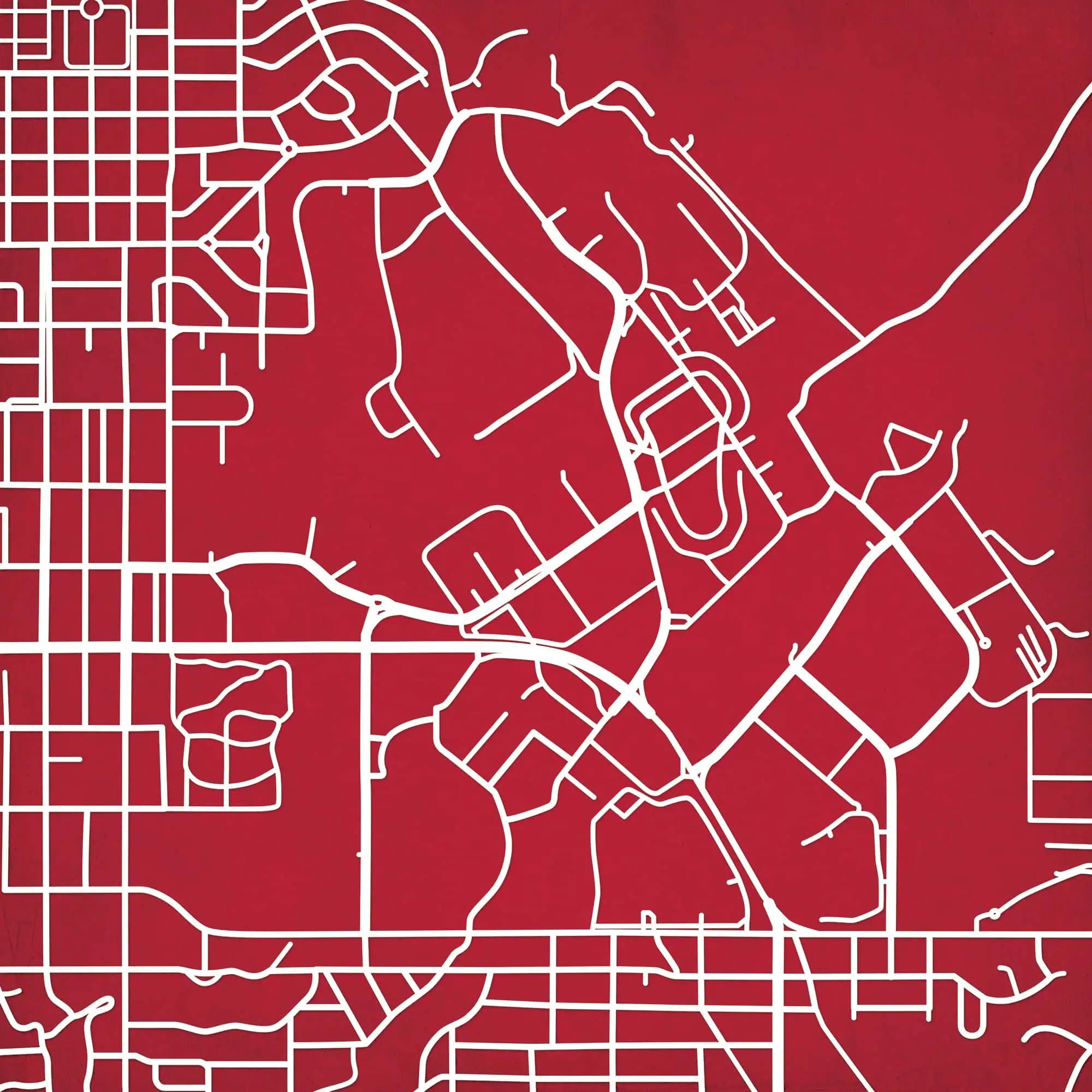 Map of urban streets and highways on red background, representing detailed city maps and navigation tools.