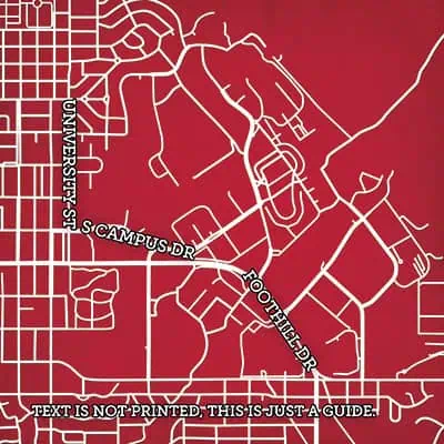 A detailed city street map with labels for University St, Campus Dr, and Foothill Dr, featuring a red background and white outline for an easy-to-read navigation guide.
