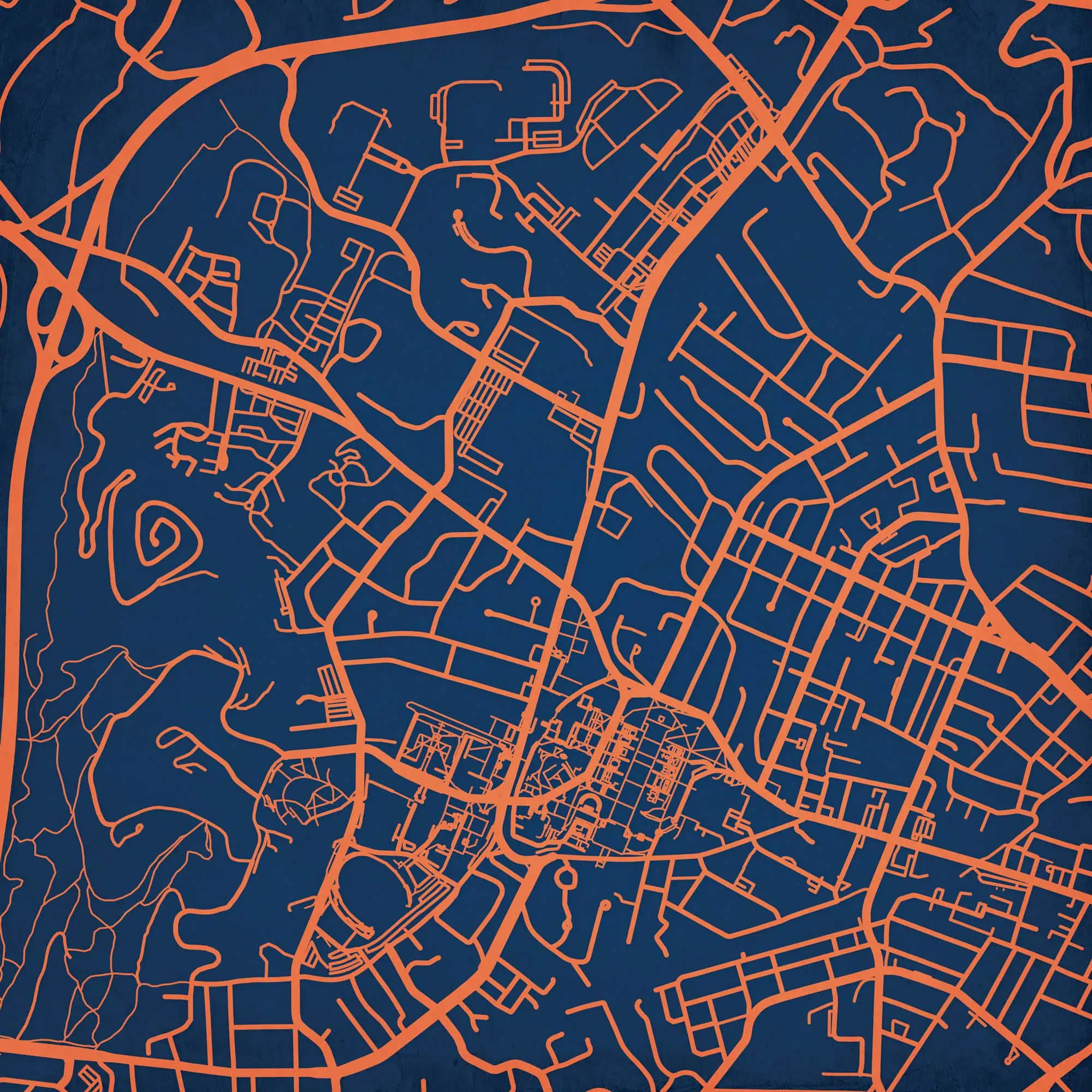 Map of city streets and roads in navy blue and orange, ideal for navigation, travel, and geographic reference.