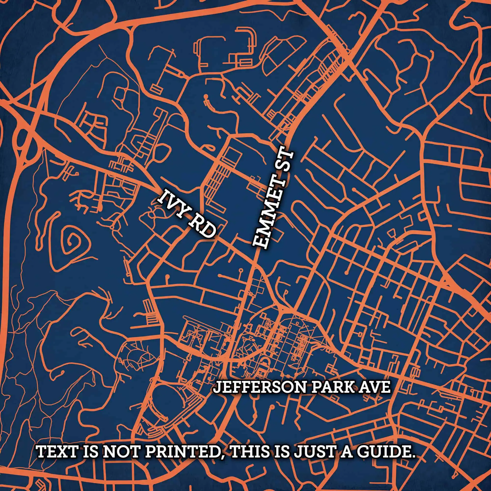 Ivy Rd and Emmet St streets map in Charlottesville, Virginia, highlighting key roads and neighborhoods. Ideal for navigation, local guides, and urban exploration; perfect for those interested in city maps and geographic details.