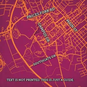 Map of Pittsburgh highlighting streets and neighborhoods for detailed travel planning and navigation, with focus on main roads like Southgate Drive, Campus Drive, Main Street, and Prices Fork Road.