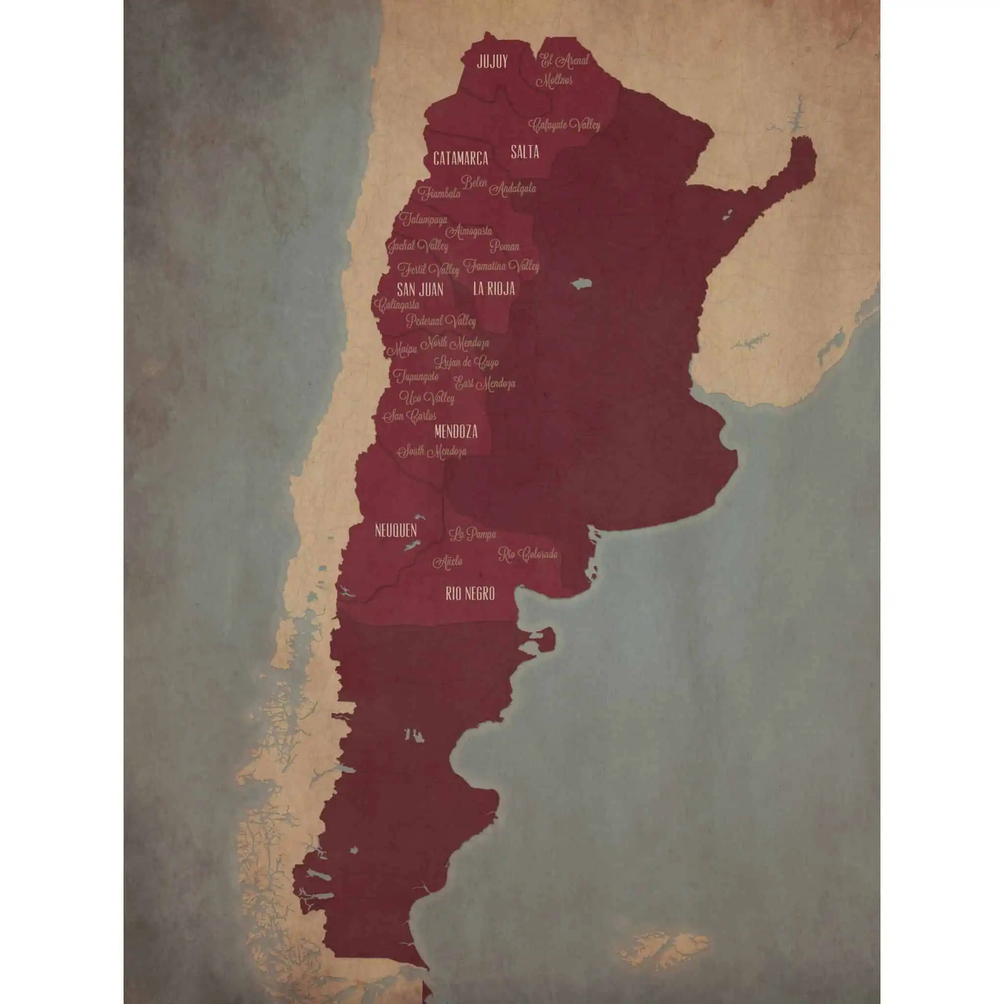 Map of Argentina highlighting major regions and valleys, including Buenos Aires, Mendoza, Salta, and Patagonia, with detailed geographic and topographic features for travelers and explorers.