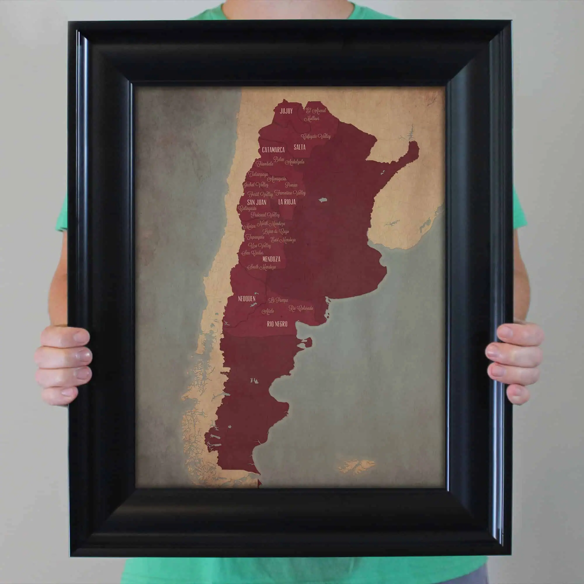 Detailed map of Argentina showcasing provinces and geographic regions, framed for wall display.