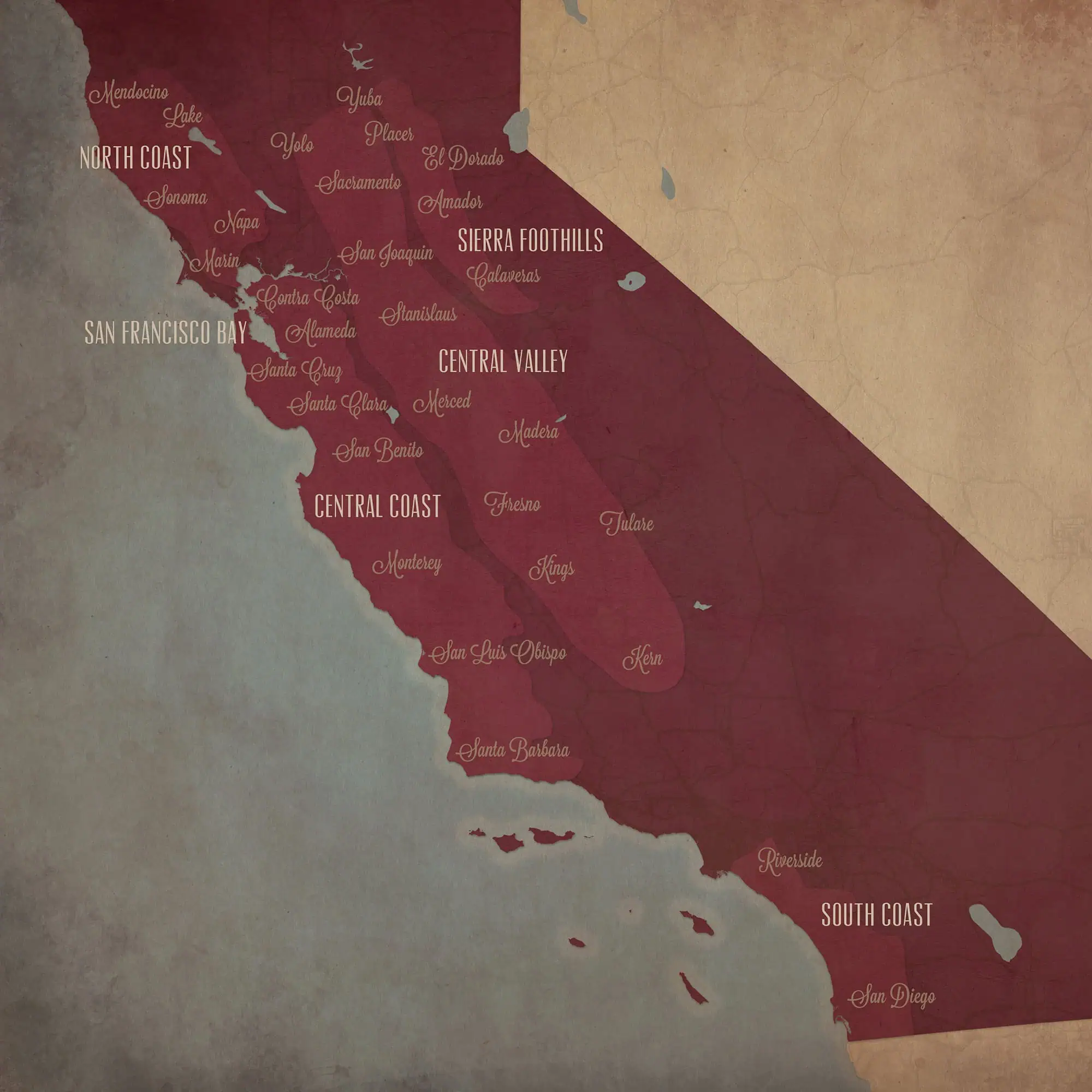 California state map showing regions and city labels, emphasizing the diverse geography and popular destinations for trip planning or navigation.