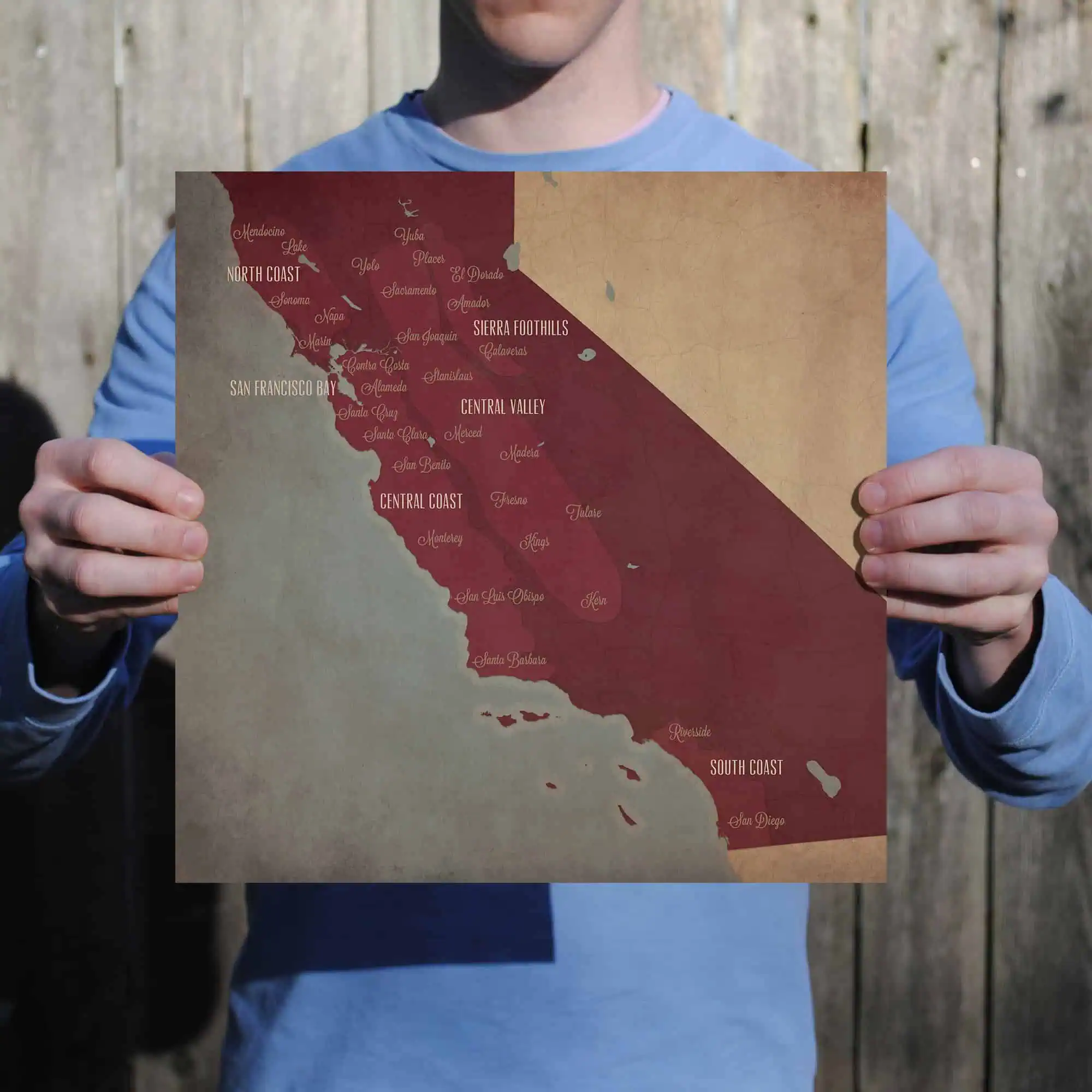 California state map with city labels, vintage style, detailed illustration of regional areas and cities, perfect for travel planning or geographic reference.
