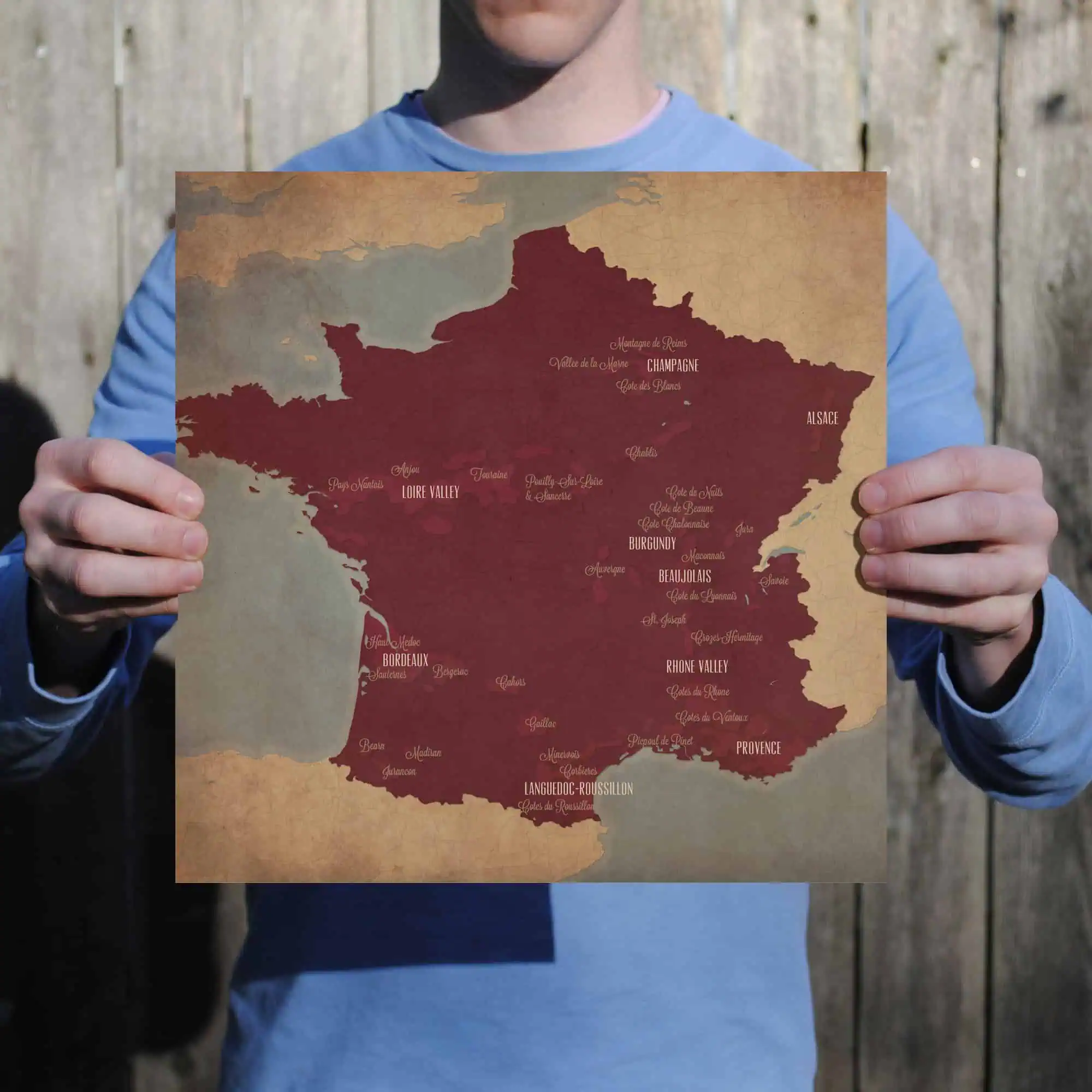 France map with regions labeled, vintage style, ideal for travel and geography enthusiasts.