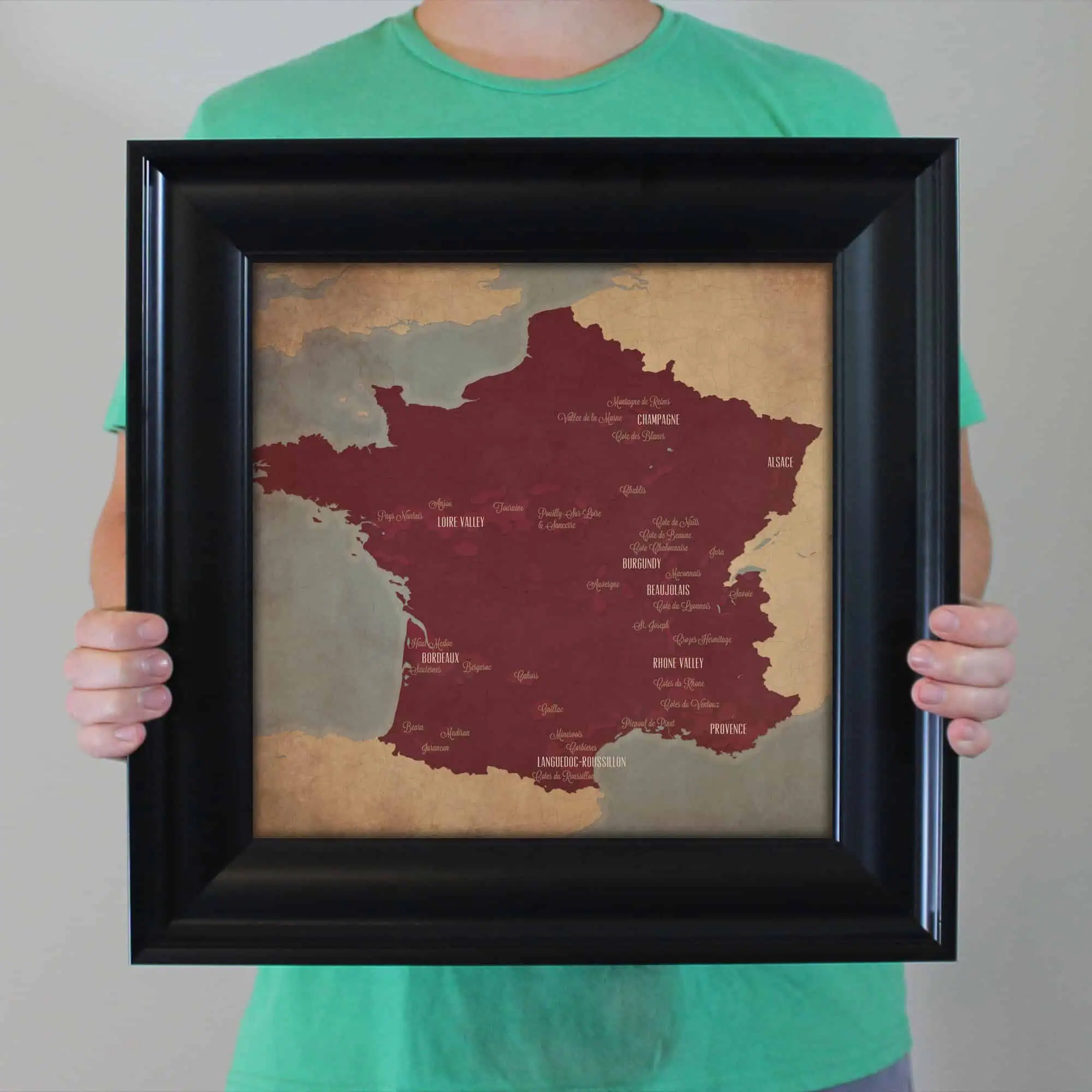 France map with labeled regions and cities, framed as wall art for travel enthusiasts and map collectors. Ideal for decorating homes or offices with French geography and regional highlights.
