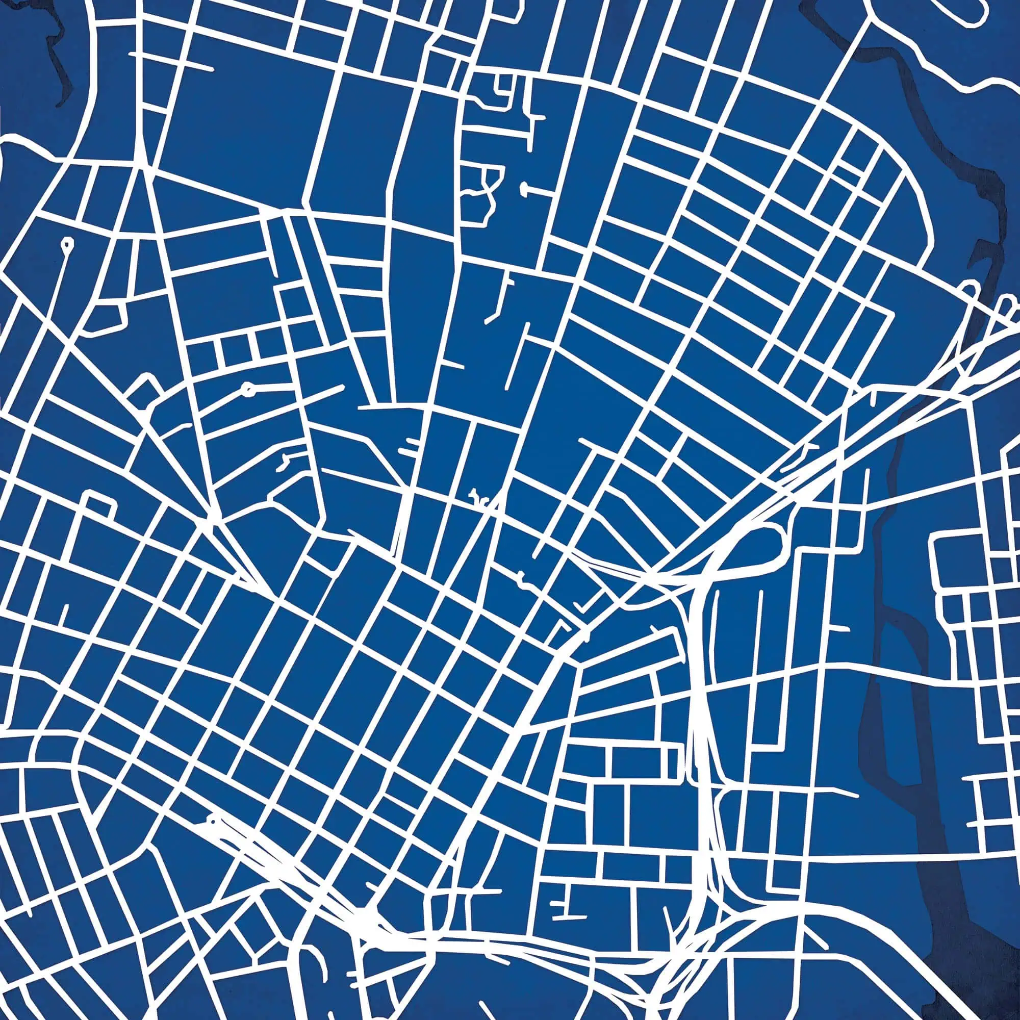 Blue city street map illustration with detailed road network and waterways, representing urban navigation and city planning for travel and geographical reference.