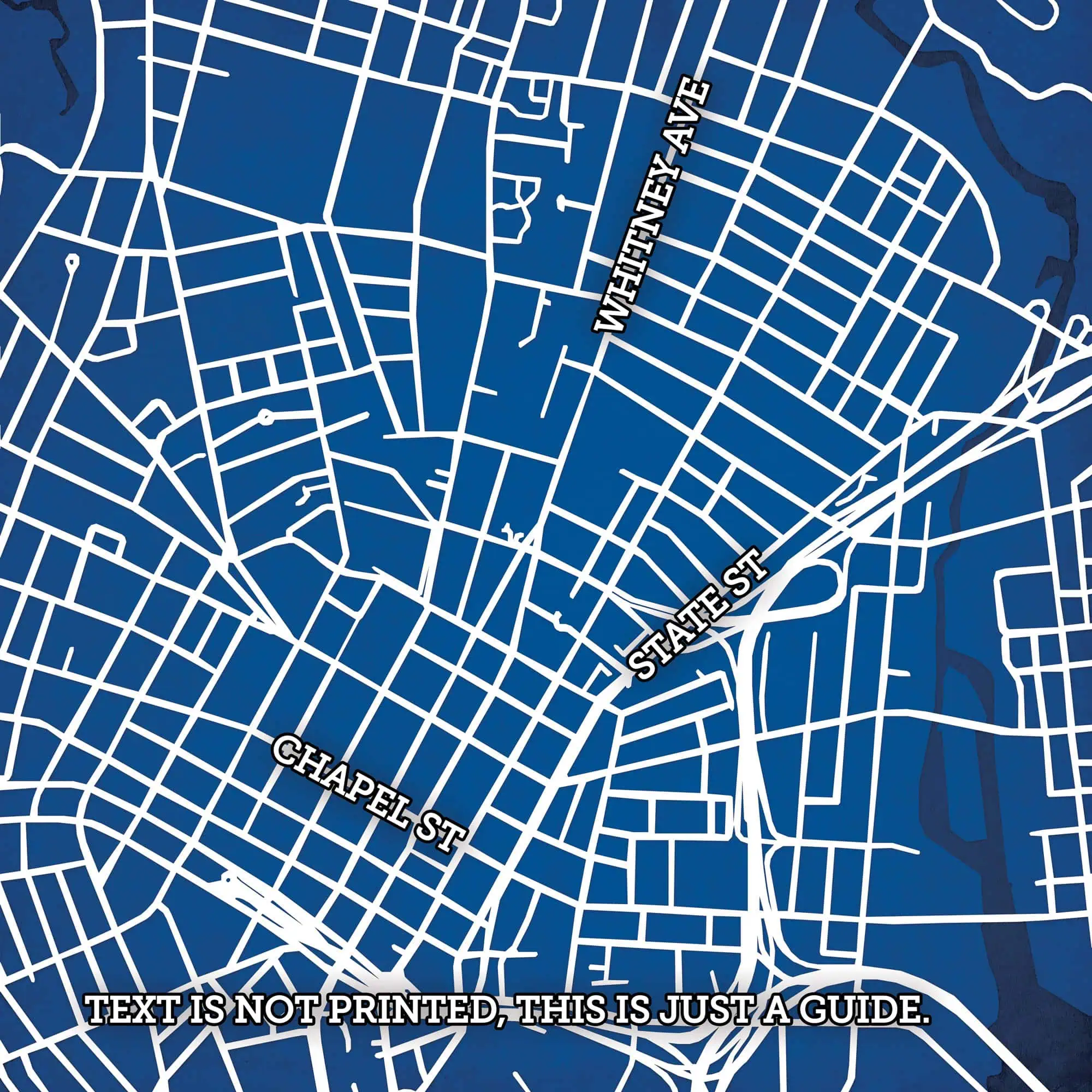 Map of downtown streets in a city, featuring Chapel St, State St, and Whetney Ave, digital illustration, city map, road layout, urban navigation, cartography, urban planning, street grid, street map, city planning, navigation tools.
