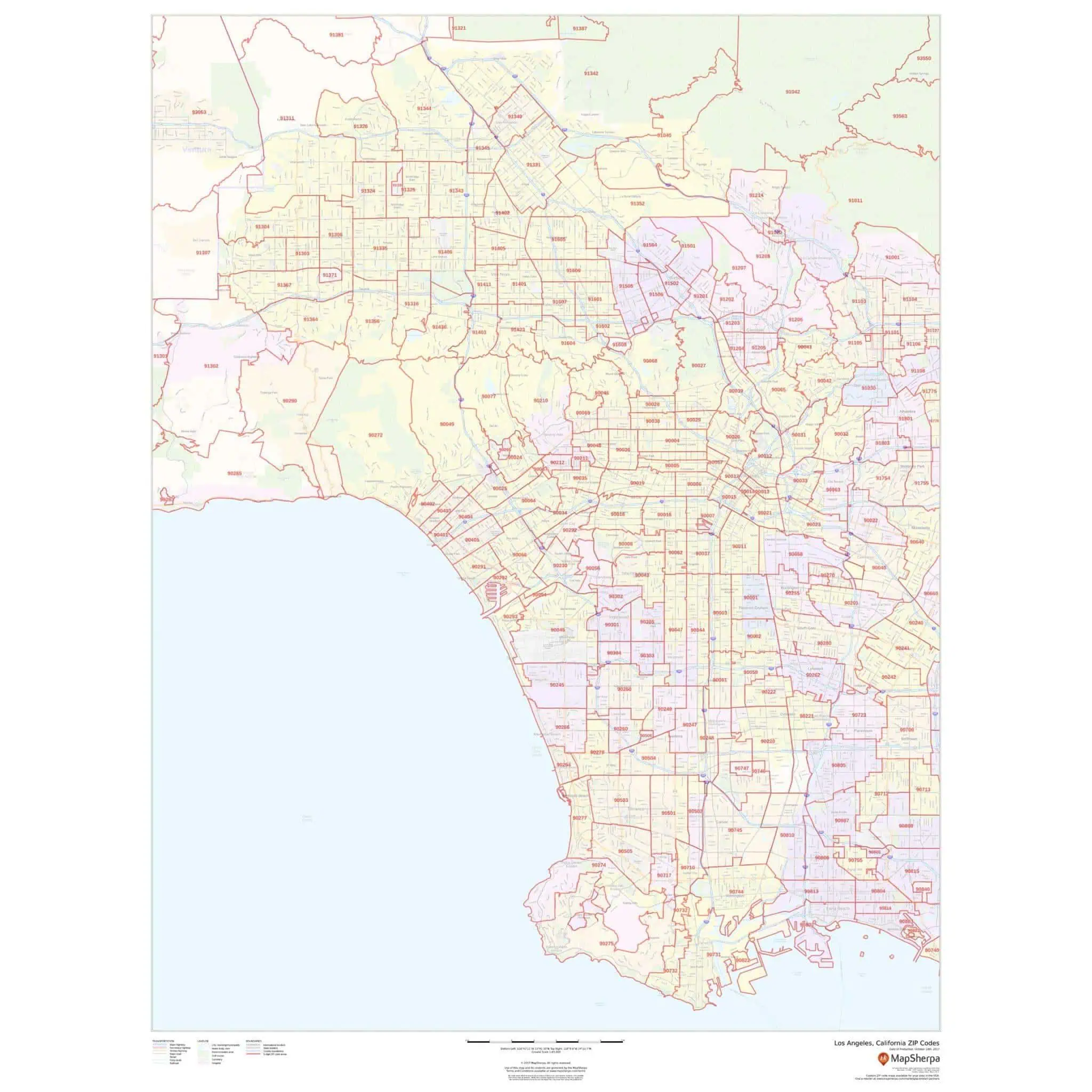 LA County Los Angeles California map with detailed ZIP code boundaries and city districts.