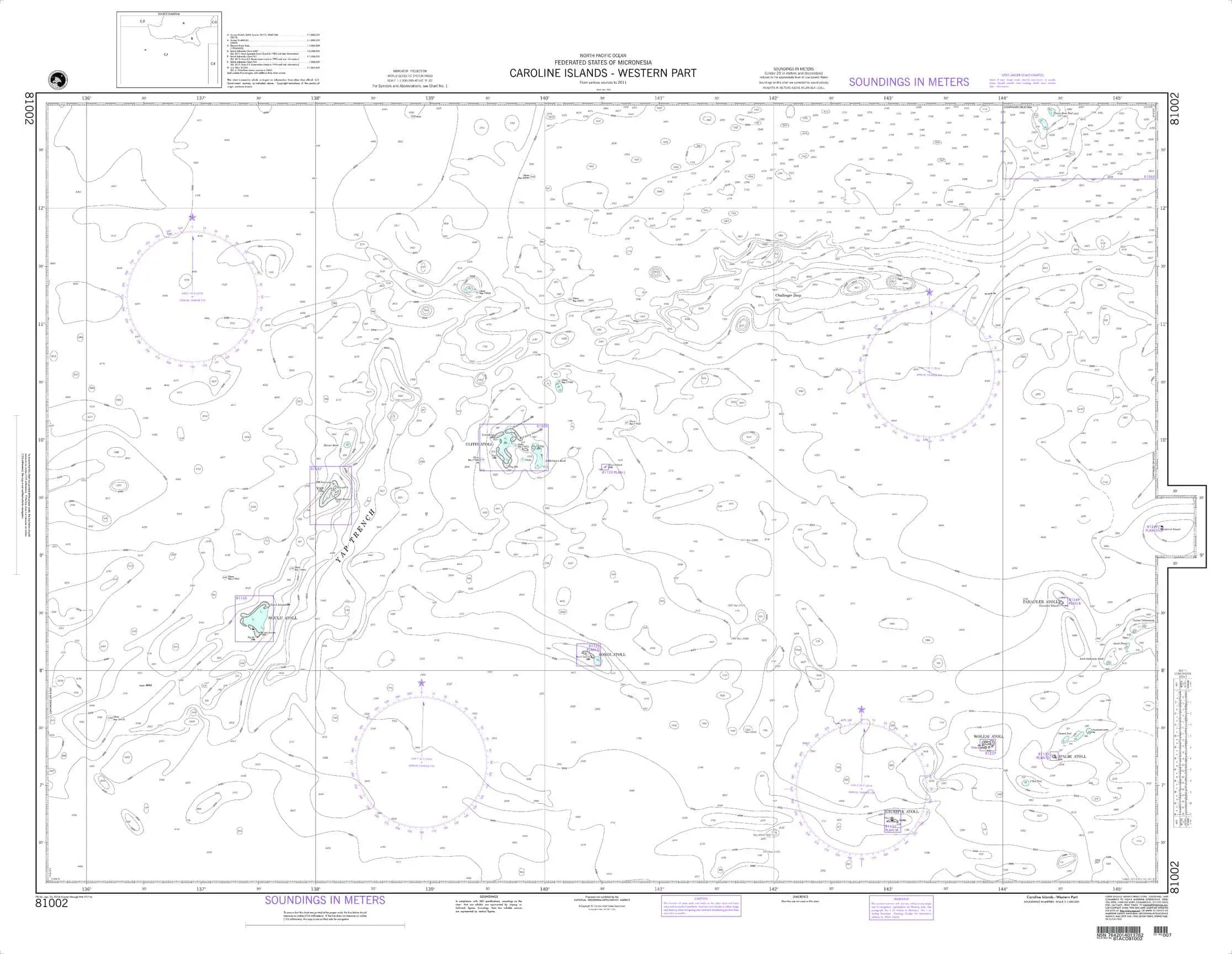 Map of Caroline Islands Western Part featuring nautical charts, soundings in meters, and navigation aids for maritime navigation and oceanographic mapping.