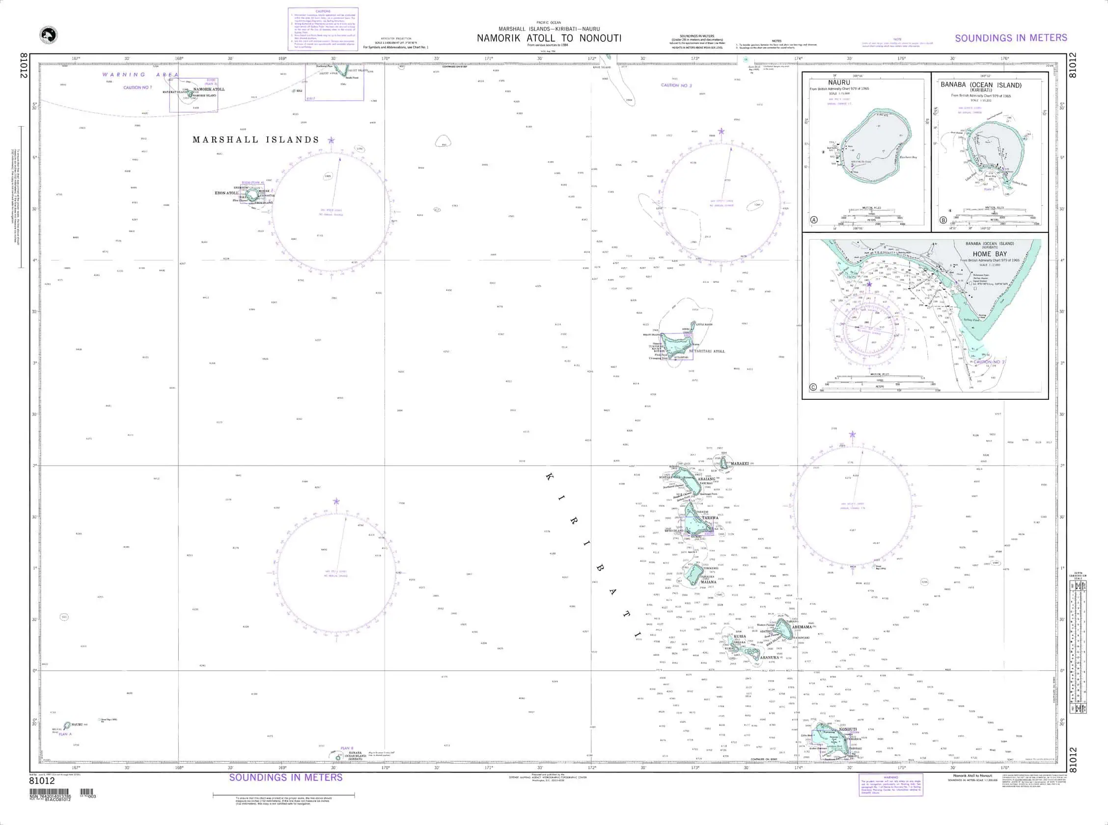 Marshall Islands nautical chart with detailed atolls and navigation routes for oceanographic exploration and maritime navigation.