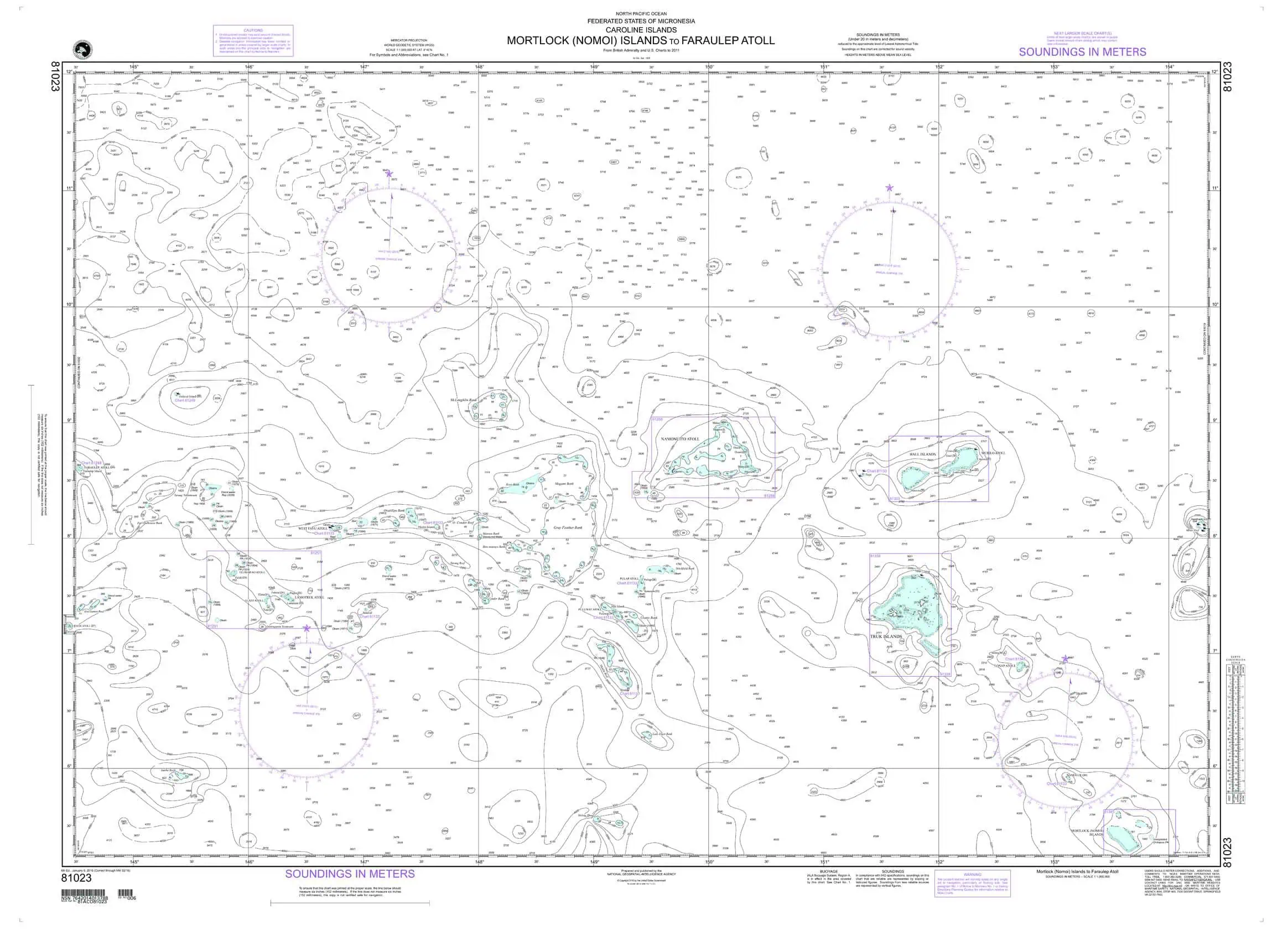 Depth contour nautical chart of Mortlock Islands for navigation and marine exploration.