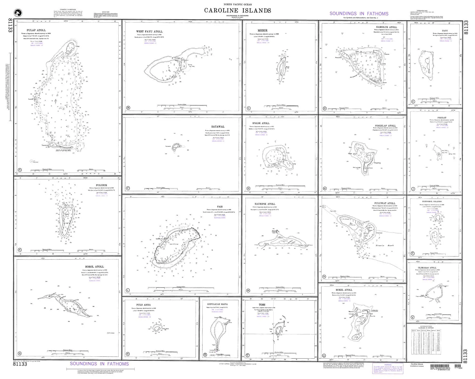 Map of Caroline Islands featuring detailed bathymetric charts and soundings in fathoms for navigation and geographic reference.