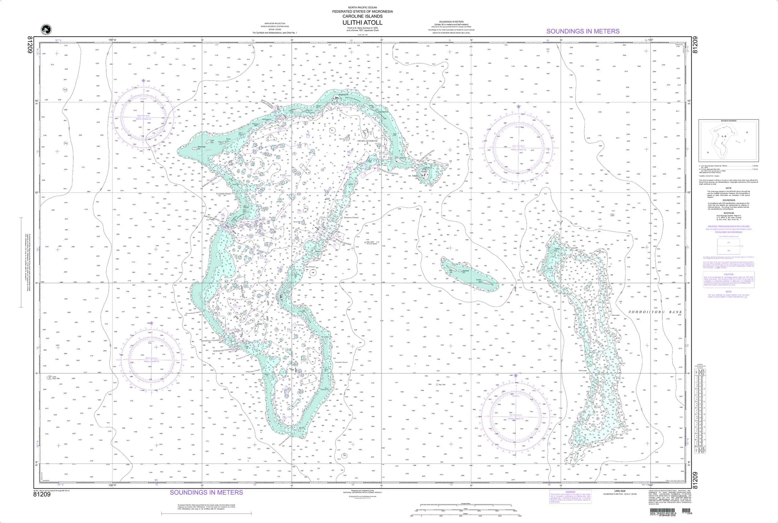 Detailed nautical map of Caroline Islands Ulithi Atoll showing depths, soundings, and navigational features for maritime navigation.