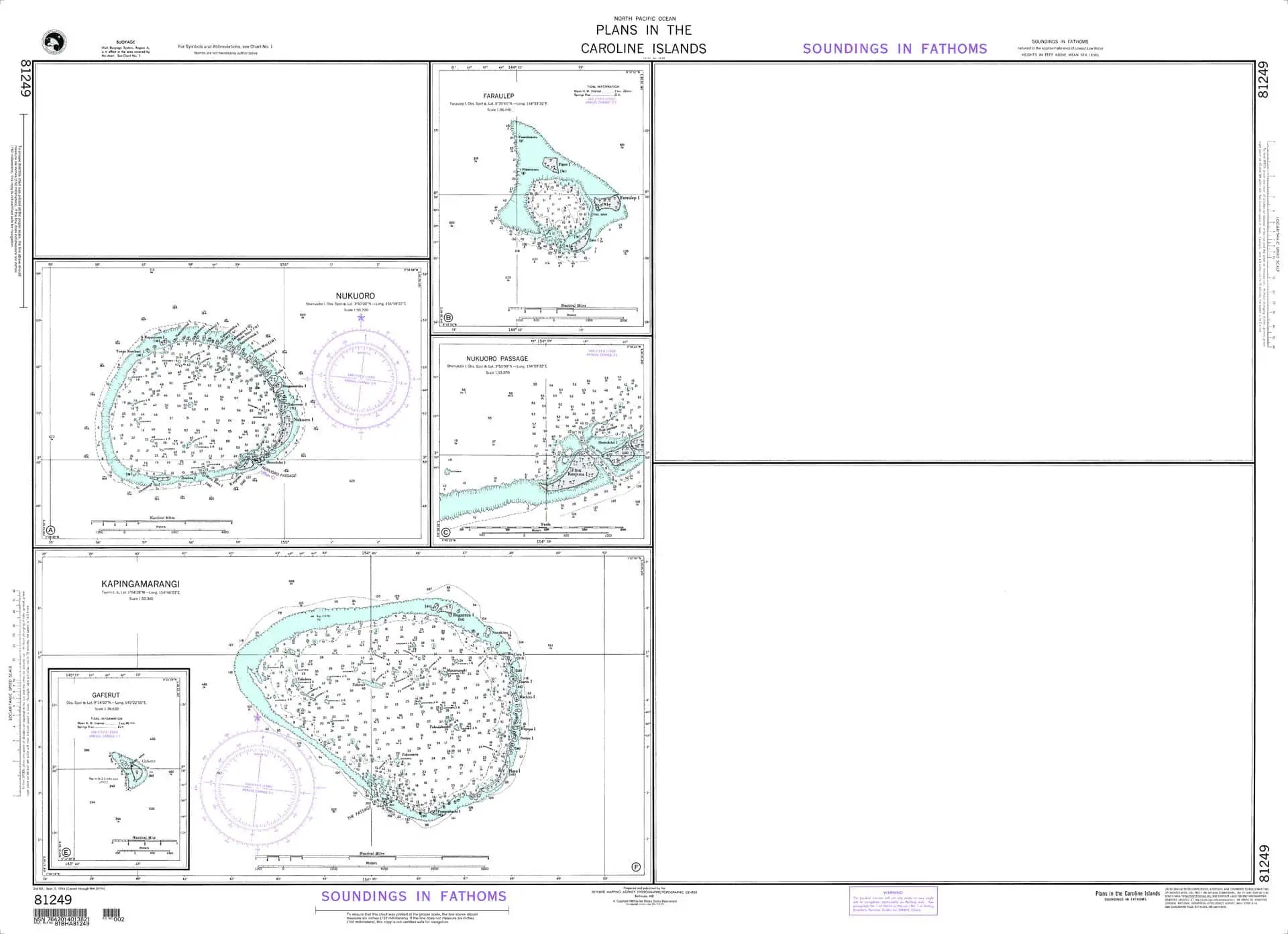 Nautical chart of the Caroline Islands showing detailed maritime navigation maps and soundings in fathoms for safe sailing and navigation.